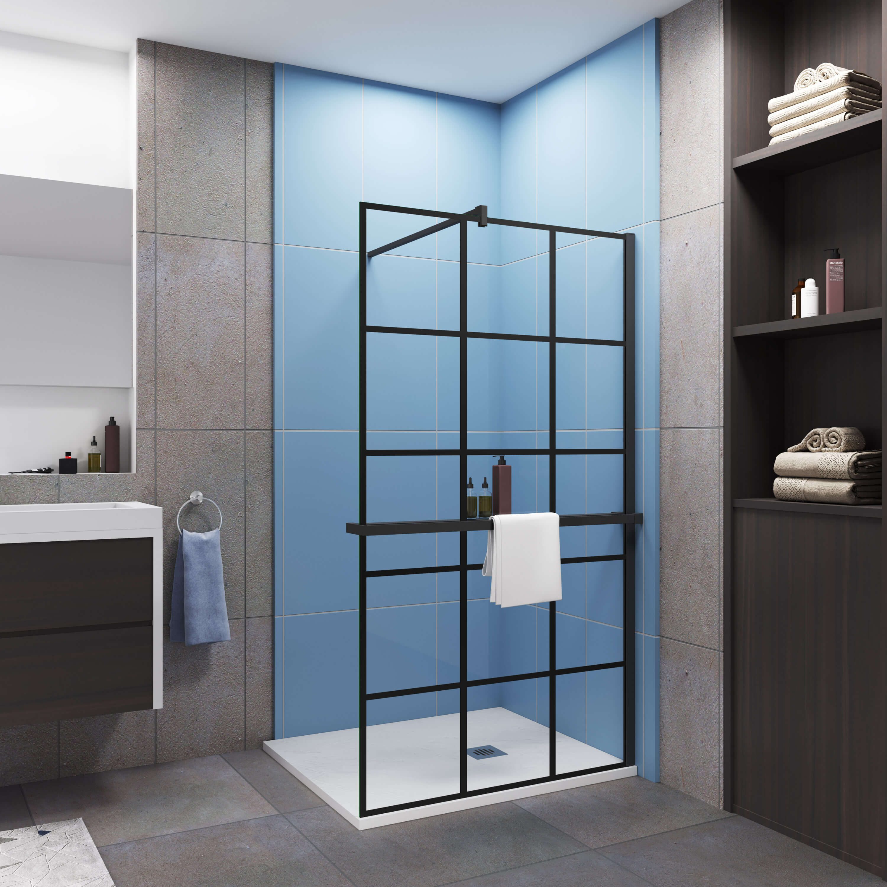 Duschparadies Walk-in-Dusche 200cm 8mm ESG Sicherheitsglas schwarz Stabilstange Handtuchhalter, Einscheibensicherheitsglas