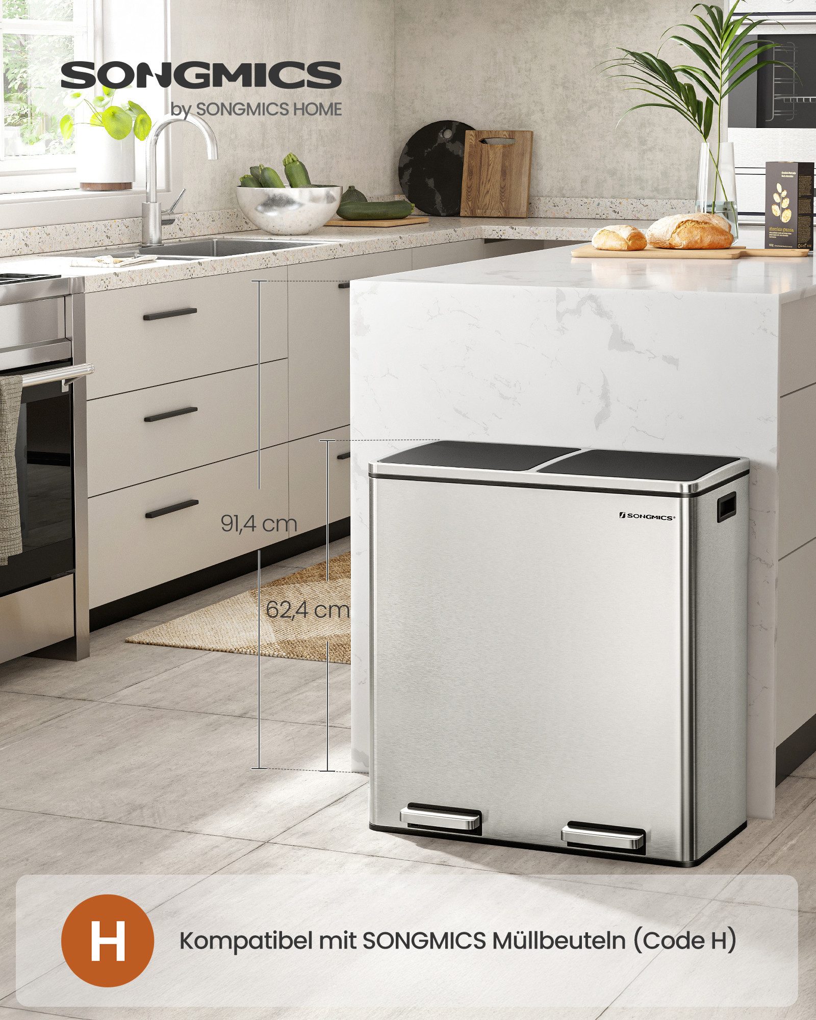 SONGMICS Mülleimer 2 Fächer, Mülltrennsystem, Treteimer, Abfalleimer Küche, 15 Müllsäcke, 2x30L, Inneneimer aus Kunststoff, Klappdeckel, Softclose, luftdicht