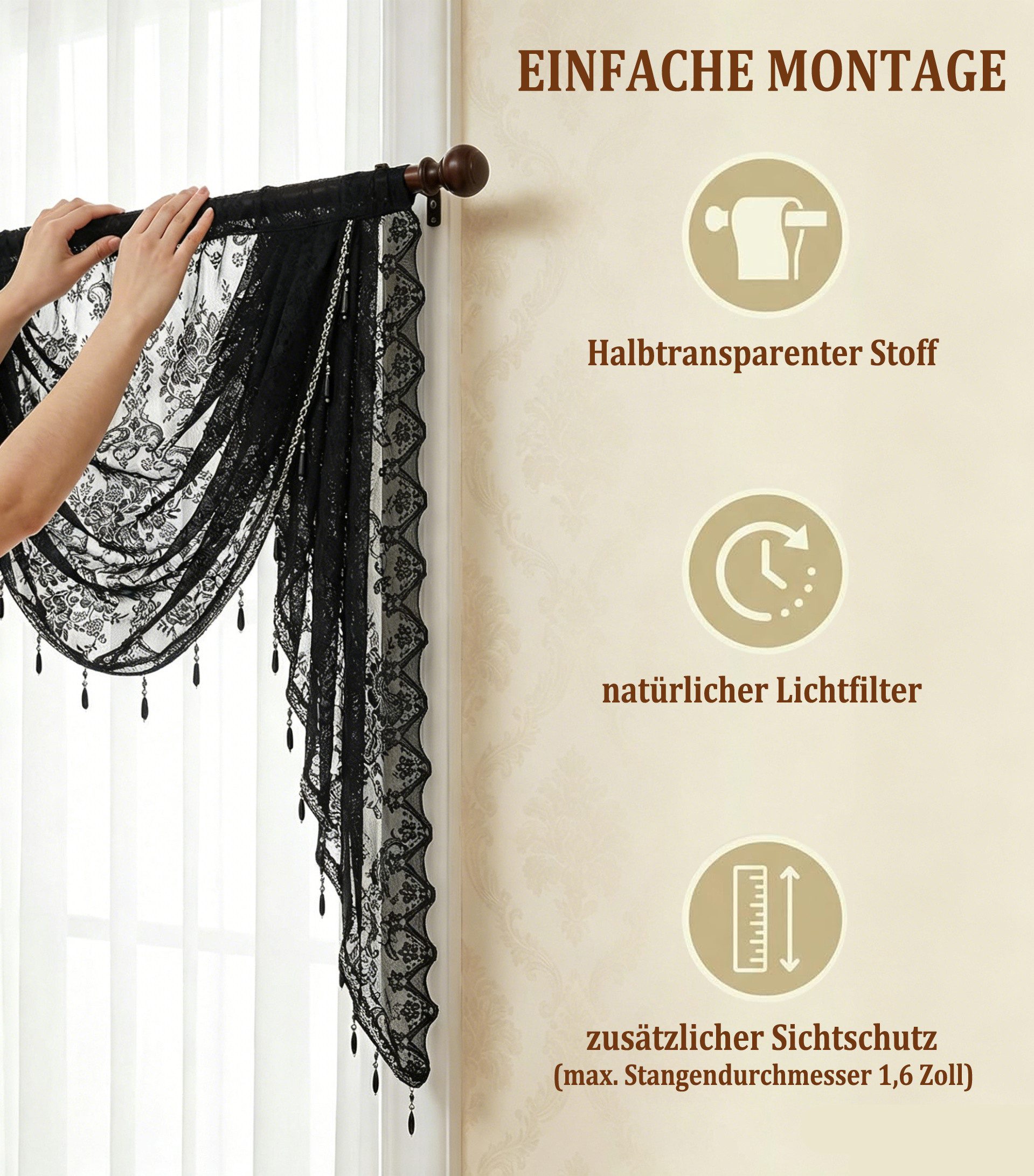 Zyronn Vorhang Halbtransparente Spitzen-Fensterdekoration mit Perlenquasten, Blumenmuster bestickter Voile-Vorhang für Wohnzimmer und Schlafzimmer – Bild 4 von 5