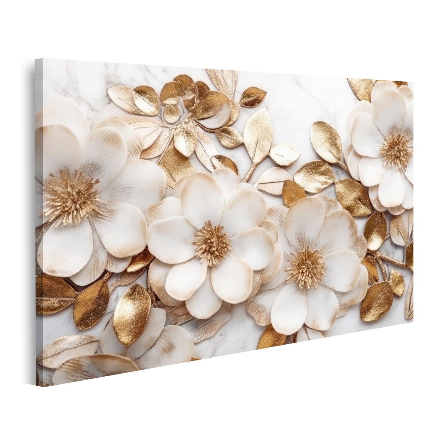 islandburner Leinwandbild Marmor Textur Weiß Gold Farben Goldene Blumen Lux günstig online kaufen