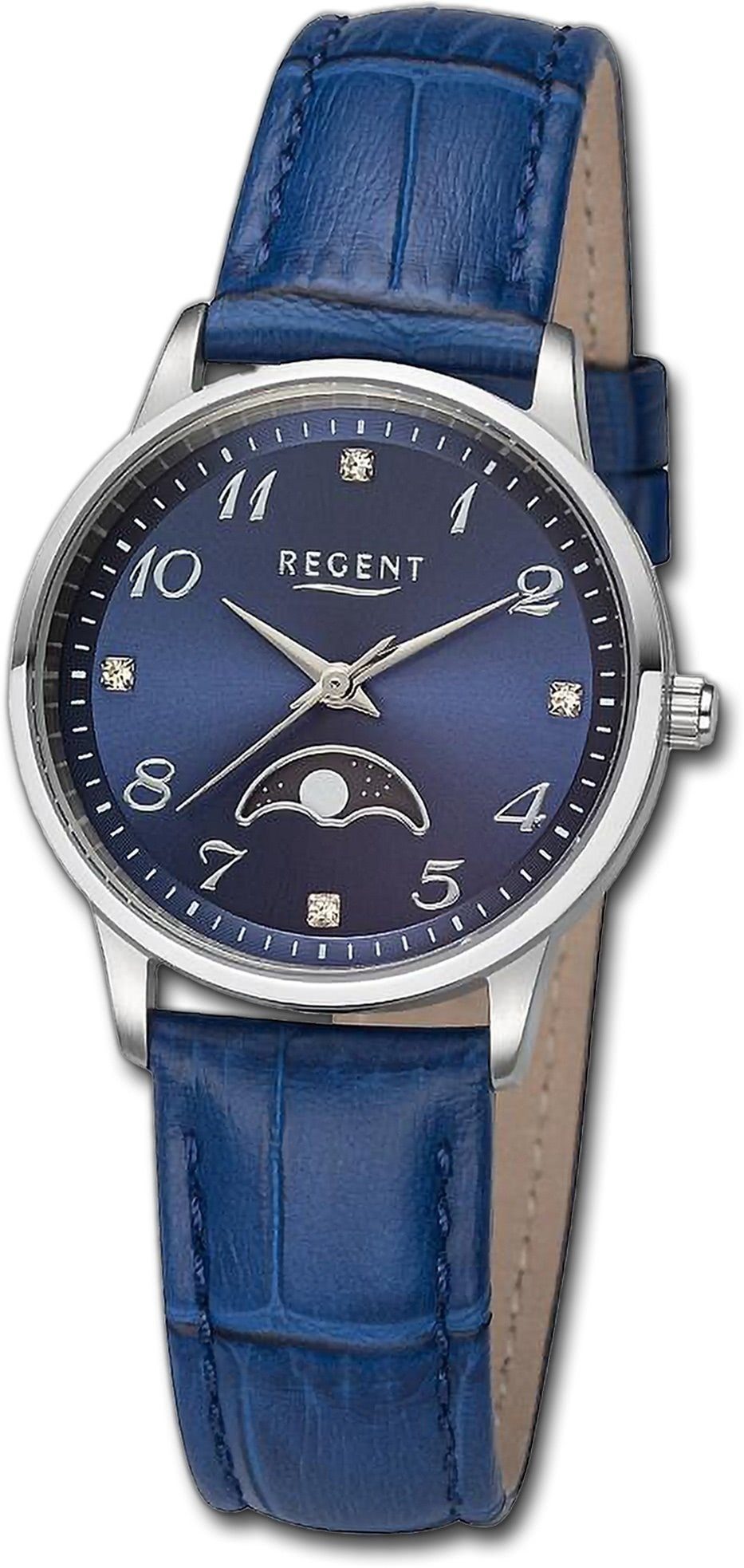 31,5mm) Regent (ca. Damen Regent rundes Damenuhr Lederarmband extra Gehäuse, groß blau, Armbanduhr Quarzuhr Analog,