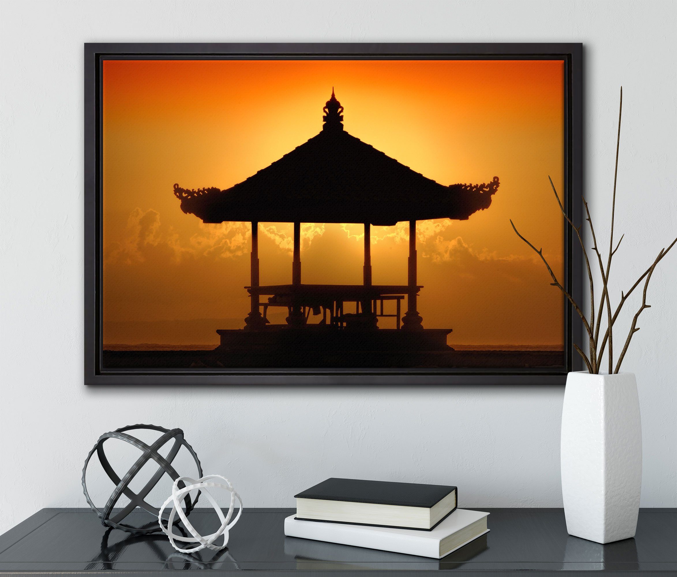 St), (1 fertig Schattenfugen-Bilderrahmen bespannt, in in einem Leinwandbild gefasst, Pixxprint Leinwandbild im Bali Sonnenuntergang, Wanddekoration Zackenaufhänger Pagode inkl.