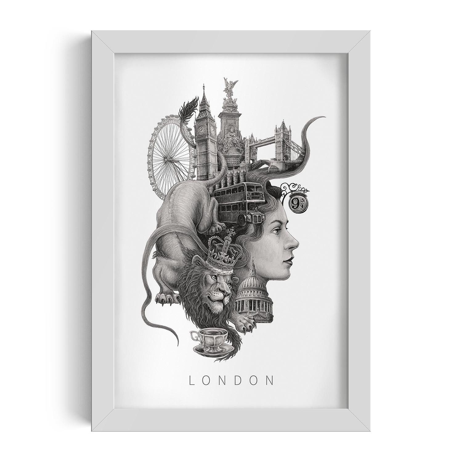 Tulup Bild mit Rahmen London Schwarz-Weiß Illustration im Rahmen, Kunstdruck mit Rahmen