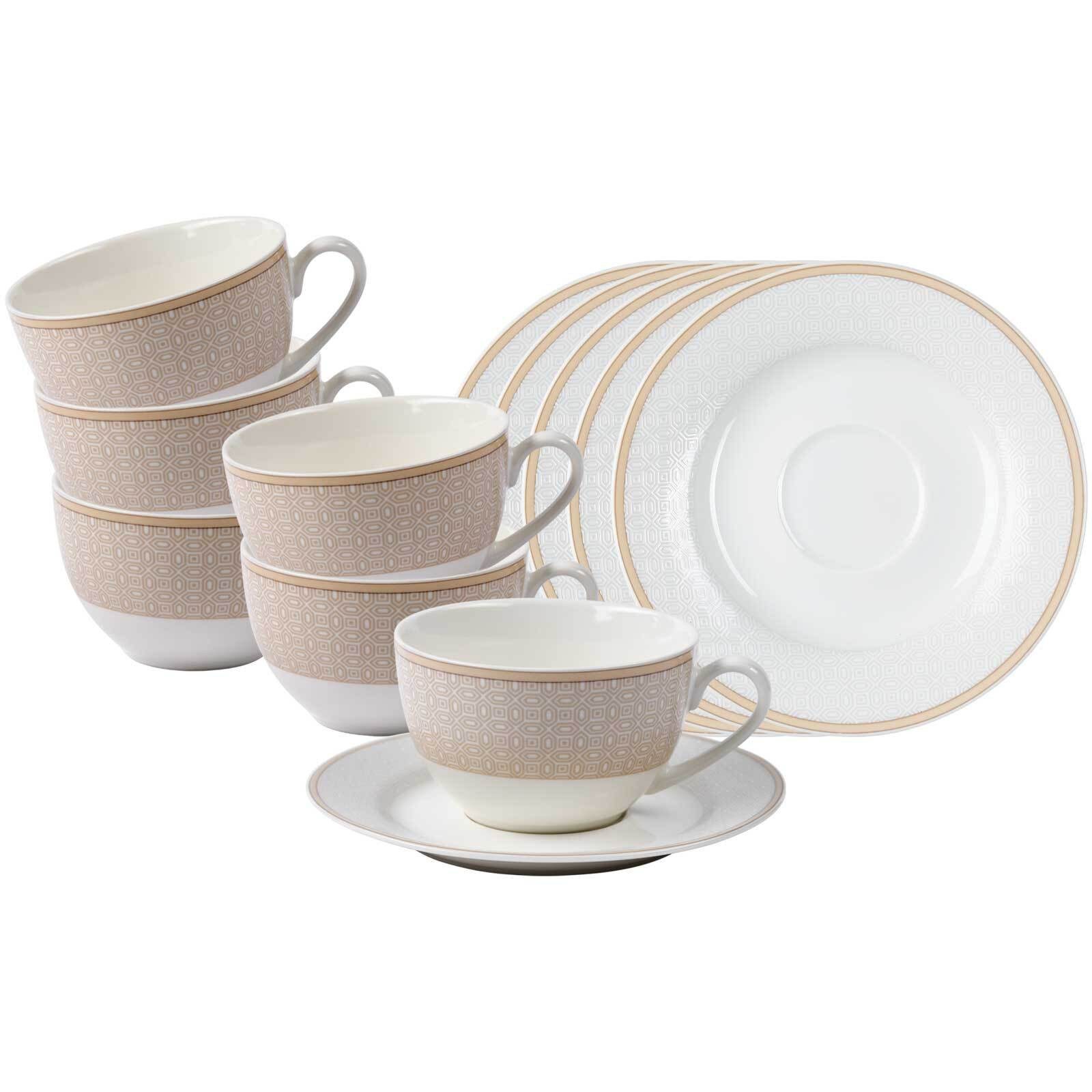 Ritzenhoff & Breker Tasse Geo Kaffeetassen mit Untertassen 250 ml 6er Set, 6-tlg., Porzellan