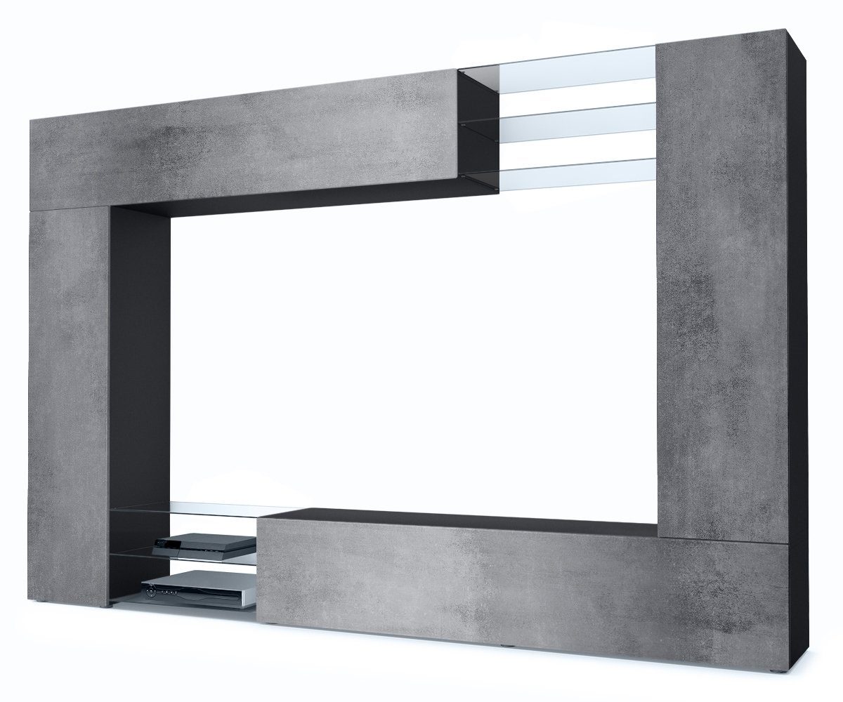 Vladon Wohnwand Mirage, (Anbauwand mit Rückwand mit 2 Türen, 2 Klappen und 6 offenen Glasablagen), Schwarz matt/Beton Dunkel Optik (262 x 183 x 39 cm)