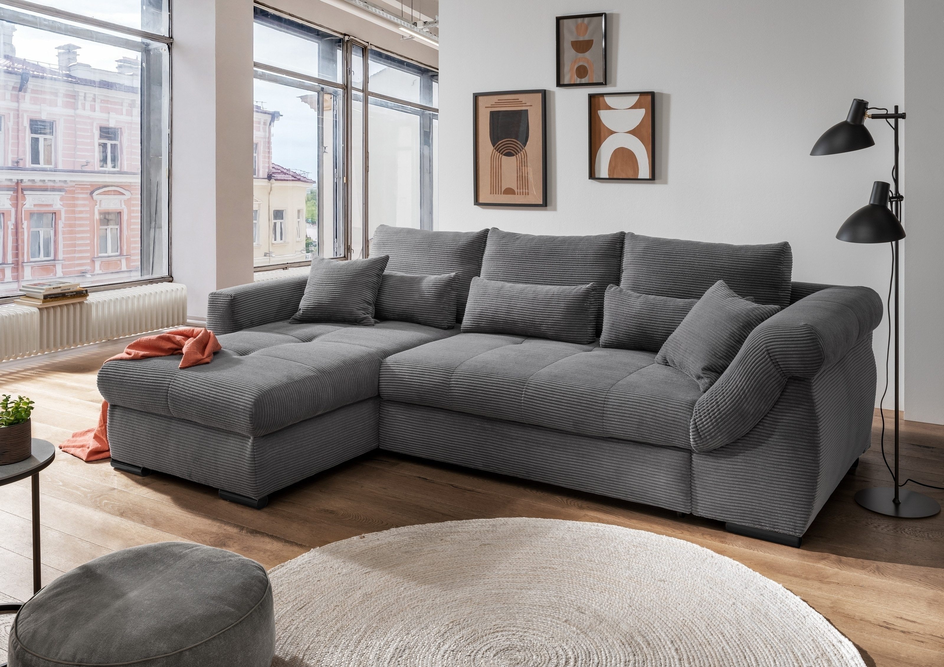 freiraum Polsterecke Felicia, Stauraum, Scvhlaffunktion, Cord grau - 302x89x188cm (BxHxT)