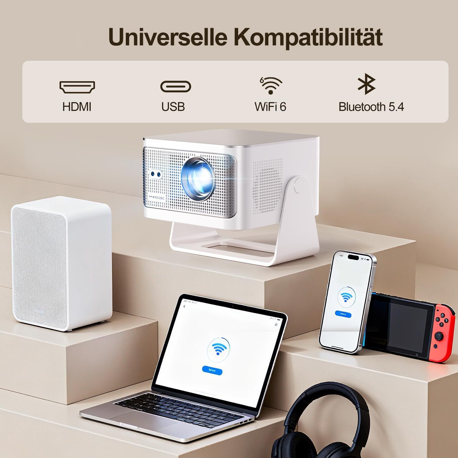Magcubic Tragbarer Mini Projektor Beamer Hy350 Max 4K Android 14 Wifi6 BT 5.4 Portabler Projektor (600 lm, ‎7680 x 4320 px, Autofokus 6D Auto-Trapezkorrektur, 12W Lautsprecher, 180° Dreh Smart)