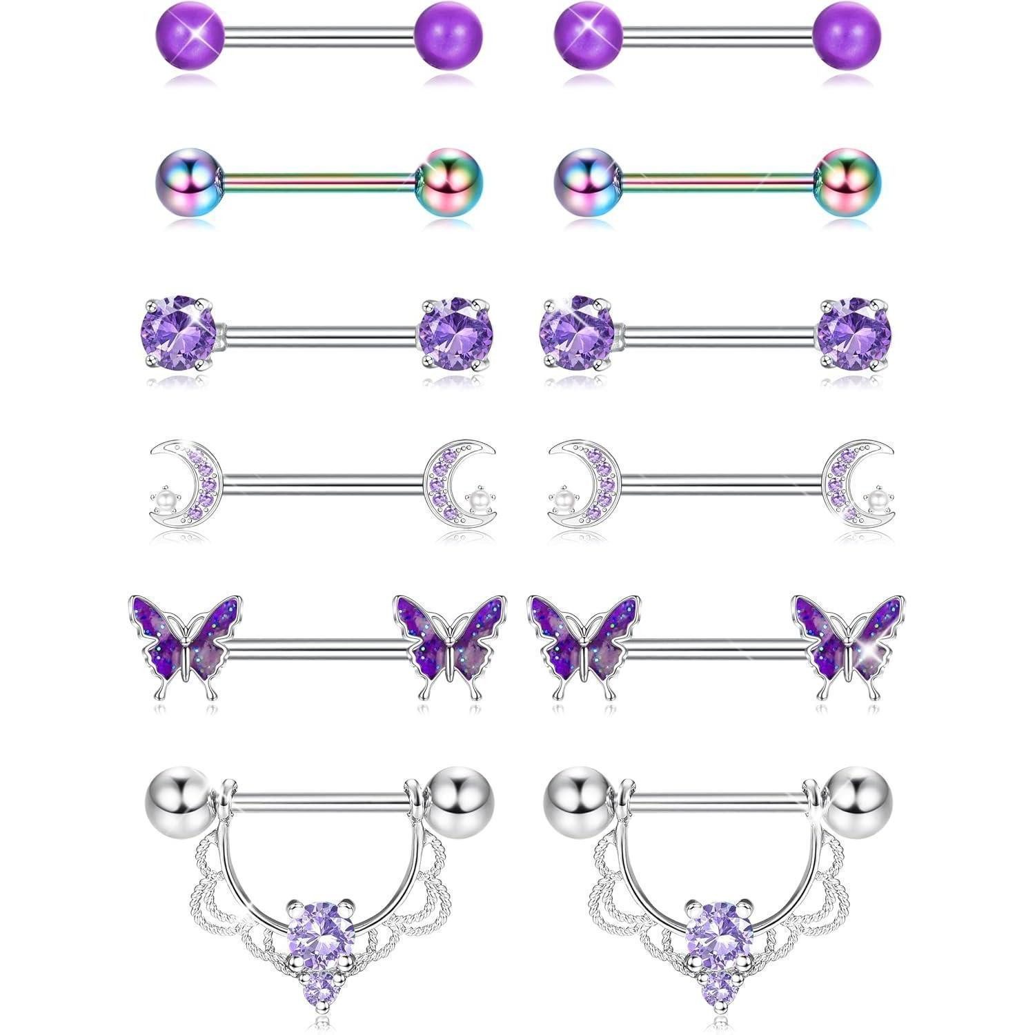 LuxusKollektion Brustwarzenpiercing-Set Brustwarzenpiercing 6 Paare 14G Chirurgenstahl Gold Damen Lila
