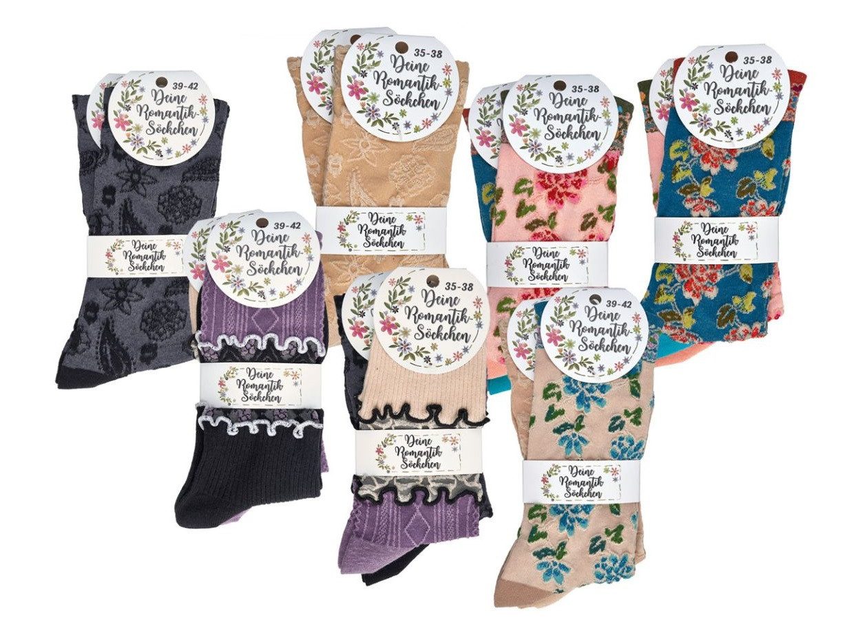 TippTexx 24 Freizeitsocken 6 Paar edle Romantik-Söckchen, Damensocken im Landhaus-Stil (6 Paar) mit verspielten Romantik-Designs