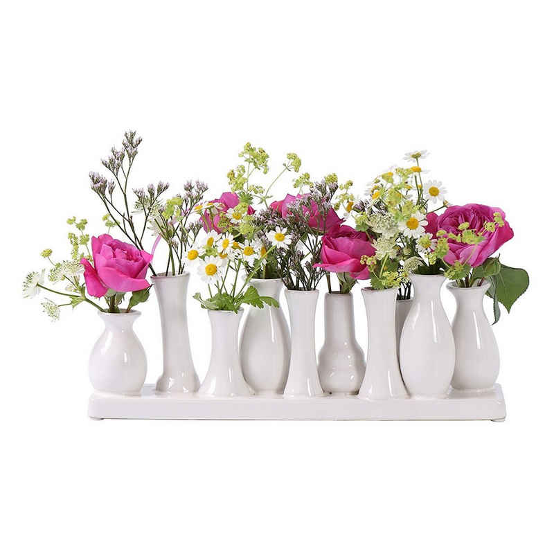 Jinfa Dekovase Handgefertigte kleine Keramik Deko Blumenvasen (10 Vasen Set weiß), verbunden auf auf einem Tablett