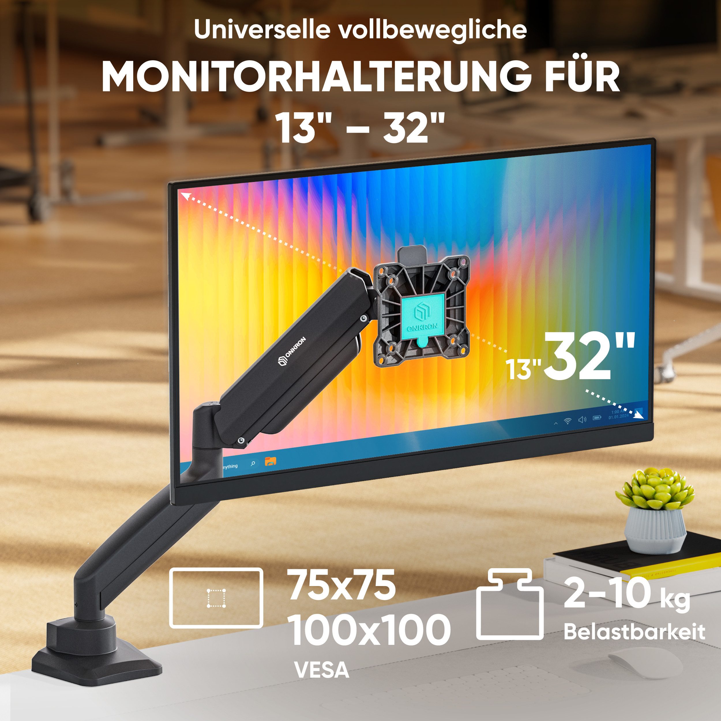 ONKRON Monitor-Halterung 13-32 Zoll, bis 10 kg, VESA 75x75-100x100, G80-B, (bis 32 Zoll, neigbar, schwenkbar, drehbar, Gasdruckfeder, Kabelmanagement)