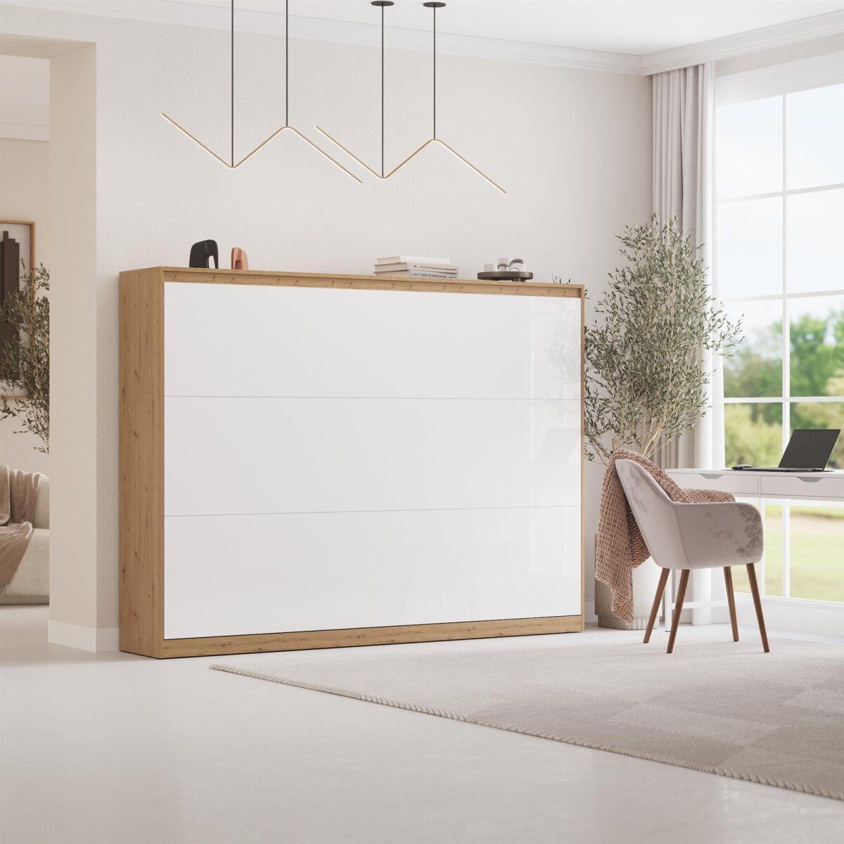 HeimLiving Schrankbett Classico 140/160 Horizontal Wildeiche/Weiß Hochglanzfront