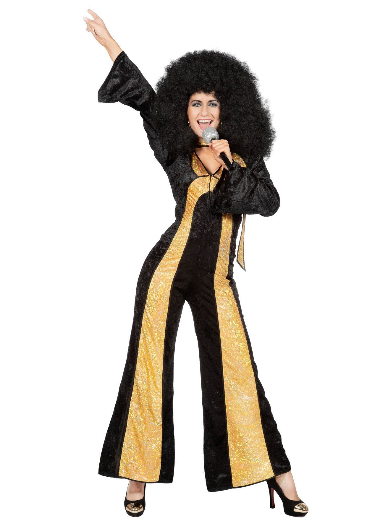 Metamorph Kostüm Goldie Disco Catsuit, Schwarz-goldener Bühnendress für Disco Diven