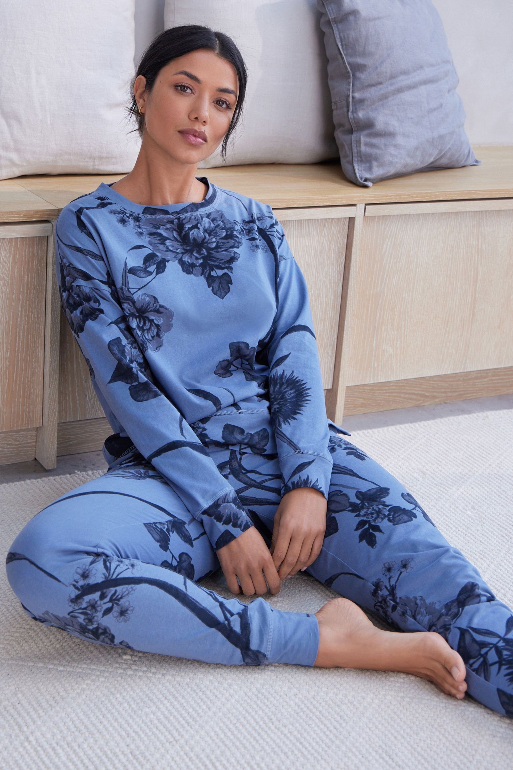 Floral Baumwolle tlg) (2 Blue Langärmeliger Next aus Pyjama Pyjama