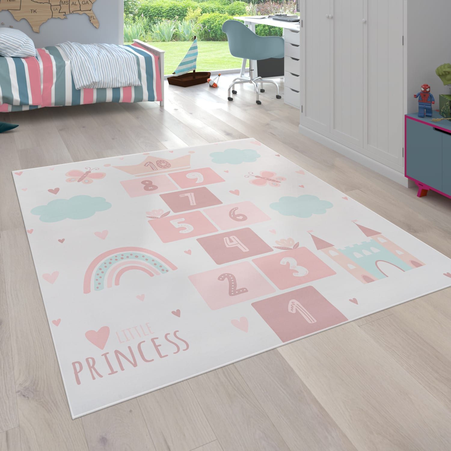 KADIMA DESIGN Kinderteppich waschmaschinenwaschbar Prinzessinnen‑Hüpfkästchen‑Muster Kinderteppich, Quadrat, Höhe: 4 mm, 100% Polyester, Rücken aus Felt + Dots, Quadrat, 200Scm, Creme