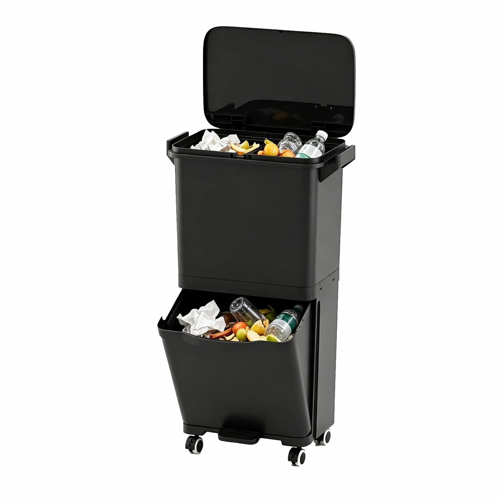 KOMFOTTEU Mülltonnenbox, Haushaltsmülleimer mit 2 Ebenen & 4 Universalrollen