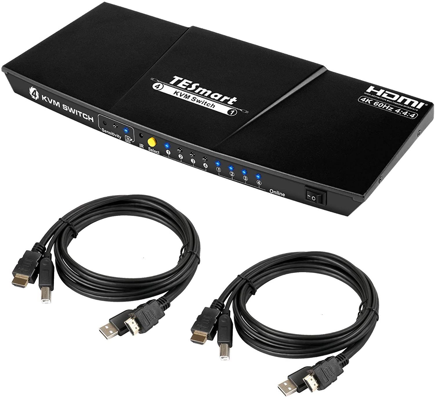 TESmart 4 Port HDMI KVM Switch 4K@60Hz 4:4:4 Ultra HD, 4x1 KVM Switcher 4  in 1 Out mit 2 Stck. 1,5 m KVM-Kabeln Unterstützt USB 2.0-Geräte Steuerung  von bis zu 4 Computern/Servern/DVR-Mattschwarz
