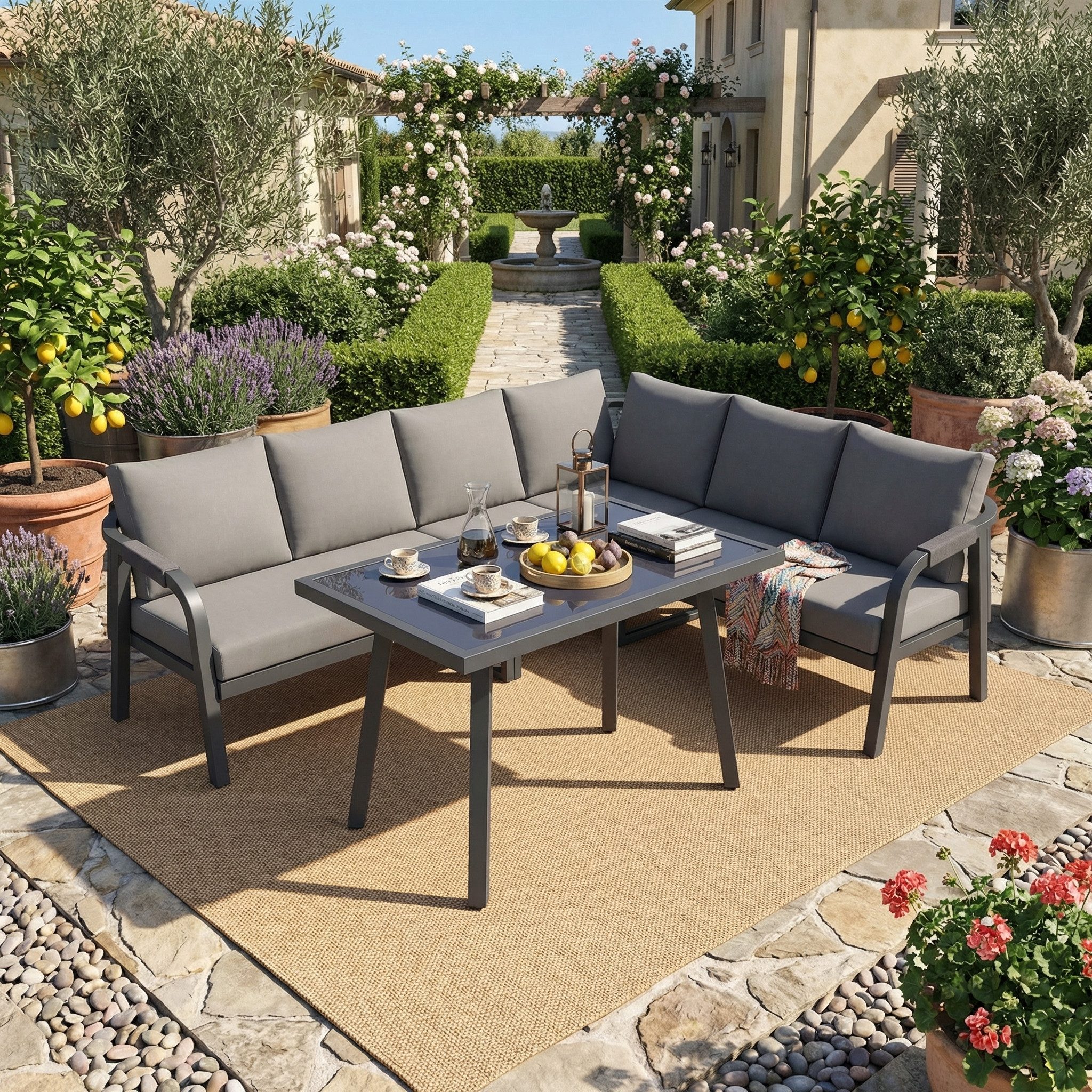 STILVORA Gartenlounge-Set für 6 Personen Gartenmöbel-Set inklusive Ecksofa und Esstisch, grau, (Garten-Essgruppe, Ecksofa + Esstisch, verzinkte Stahlrohre, Arm- & Rückenlehnen aus Seilgeflecht, wetterfest,Glasplatte am Tisch), abgerundetes Design, hohe Stabilität, langlebig