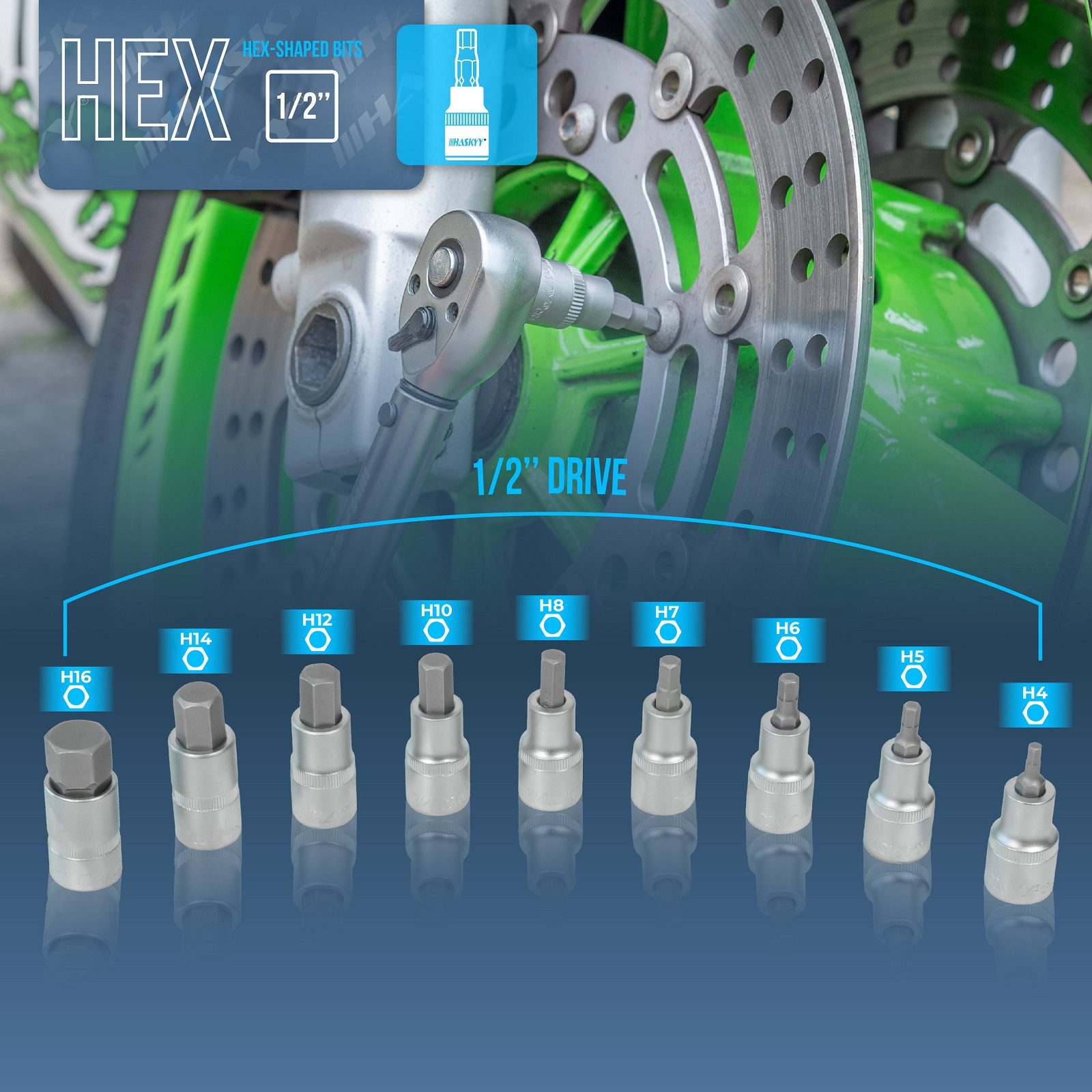 HASKYY Innensechskantschlüssel H4-H19 Innen-Sechskant-Satz Nüsse 1/2" Stecknüsse-Set Bits Bit Schlüss