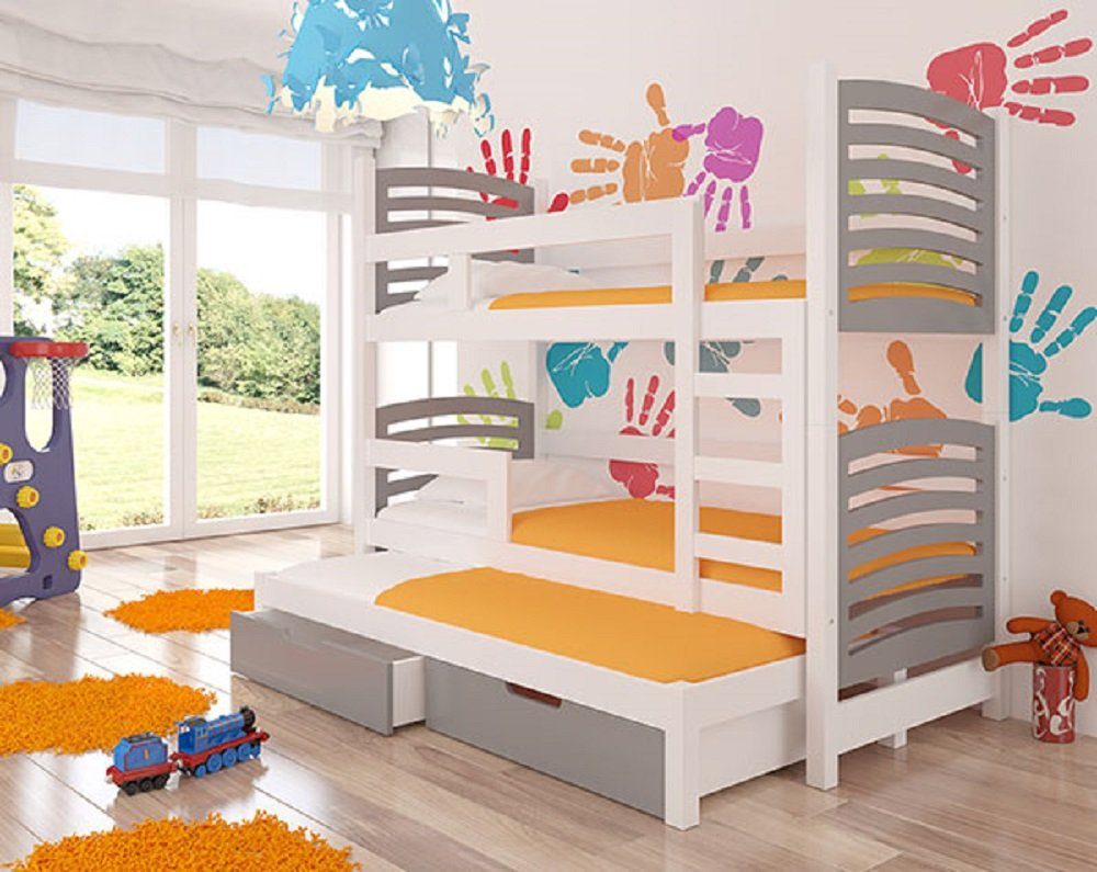 Feldmann-Wohnen Hochbett SORIA (Etagenbett mit 3 Schlafgelegenheiten) Farbe wählbar Kiefer weiß / Absetzungen: grau