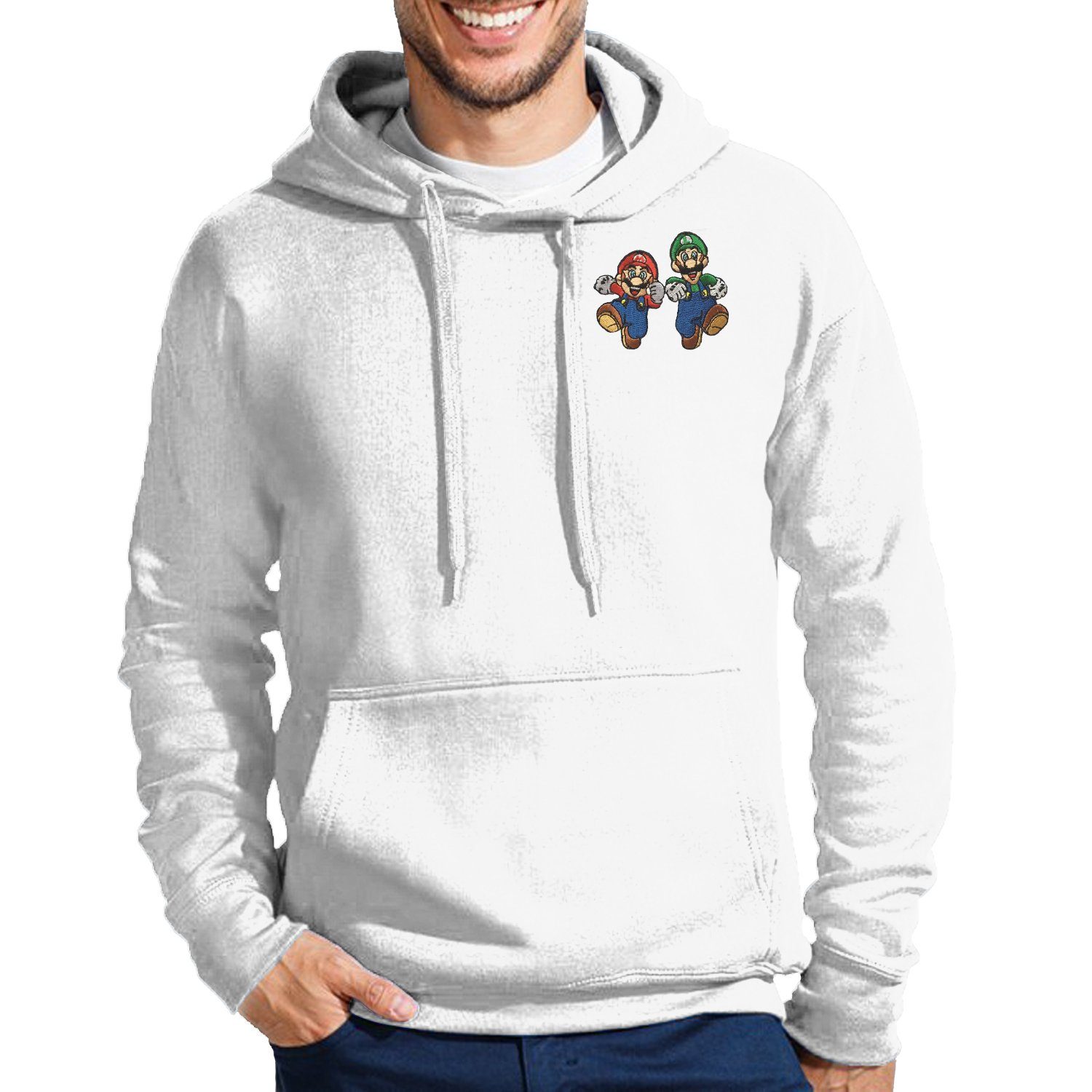 Blondie & Brownie Hoodie Herren Mario & Luigi Brust Stick Nintendo Peach Gaming Yoshi bestickt, mit Kapuze Weiß