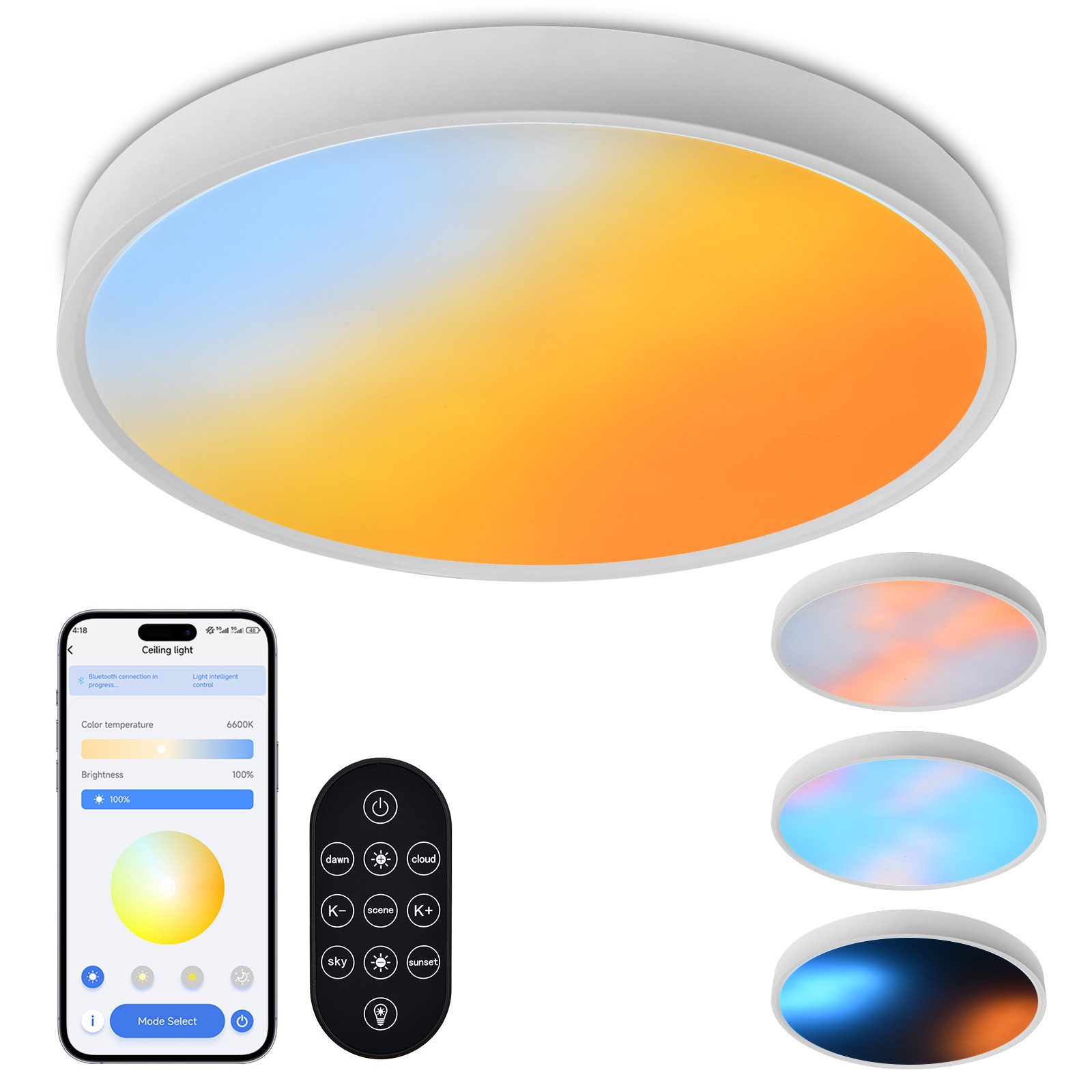 Rosnek Deckenleuchte AI Rhythm und Smart Hue Deckenleuchte mit APP, RGBW Veränderbar, Ø500x75 mm, 1800K-12000K Künstliche Himmelslampe