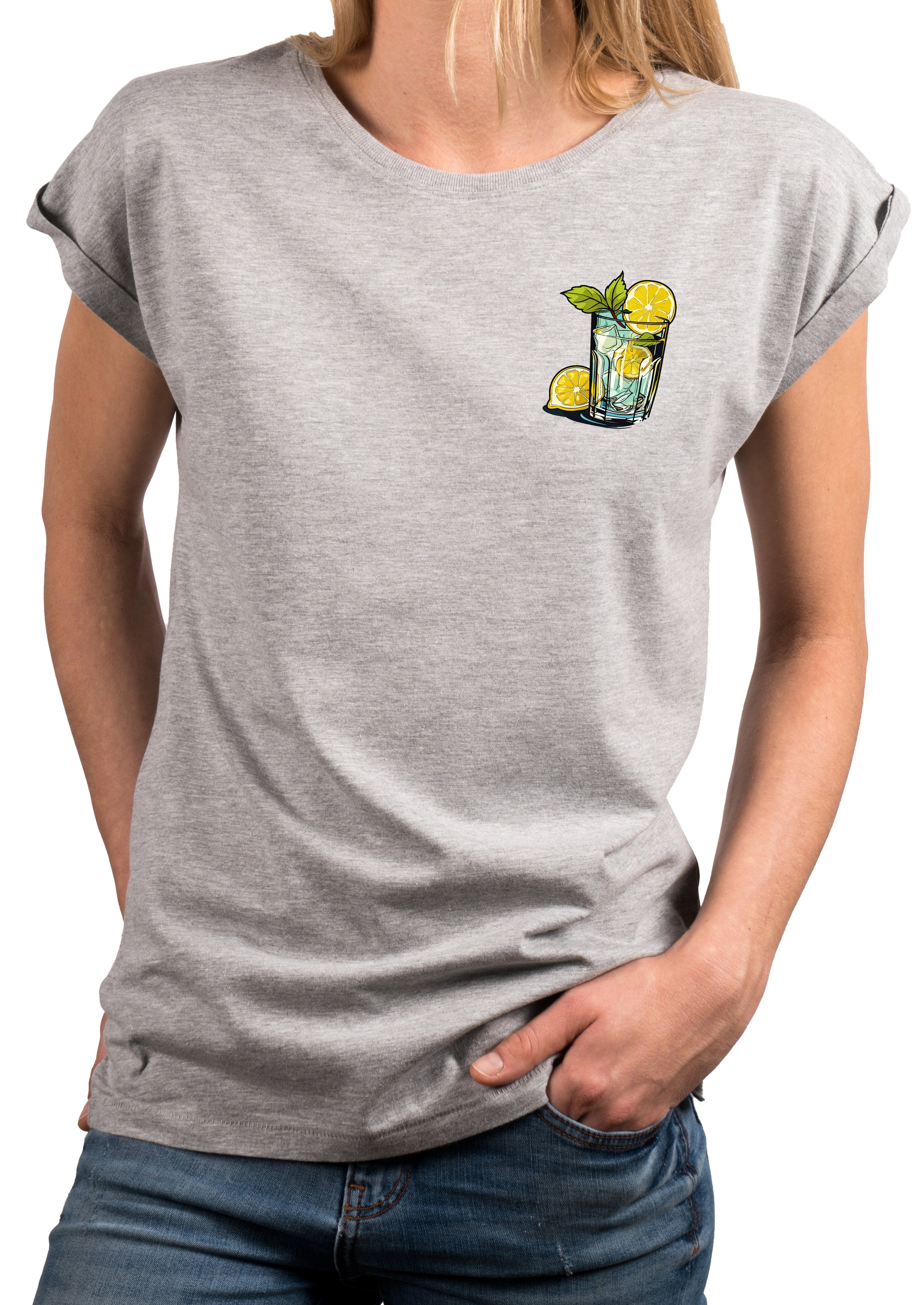 Print-Shirt modische Kurzarm Damen Hellgrau Oberteile MAKAYA große mit Gläser schöne Größen Druck, Tonic Gin Tops