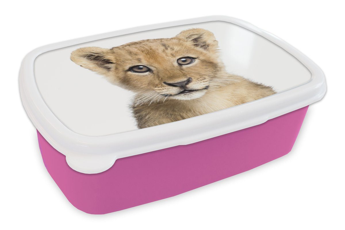 MuchoWow Lunchbox Löwe - Tiere - Natur - Weiß, Kunststoff, (2-tlg), Brotbox für Erwachsene, Brotdose Kinder, Snackbox, Mädchen, Kunststoff rosa