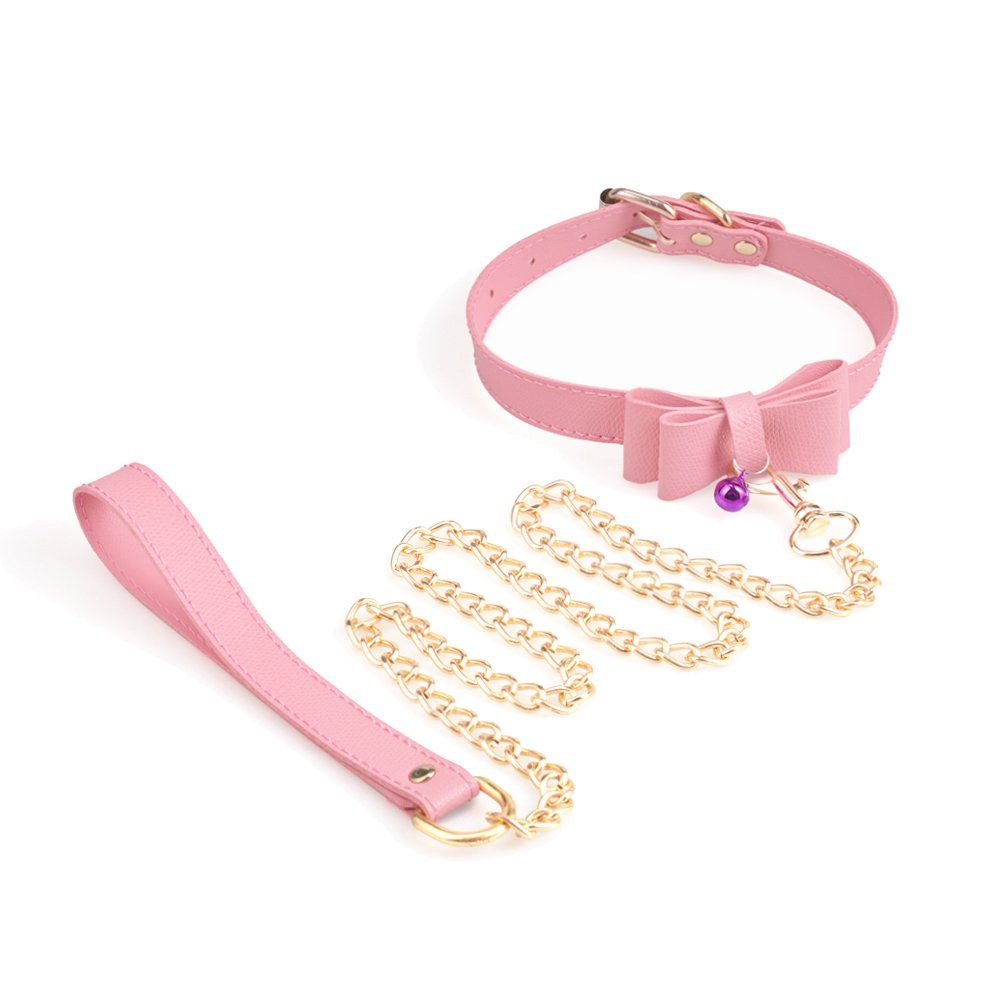 Sandritas Erotik-Halsband Rosa Halsband mit Schleife Leine BDSM Bondage Gold Cosplay