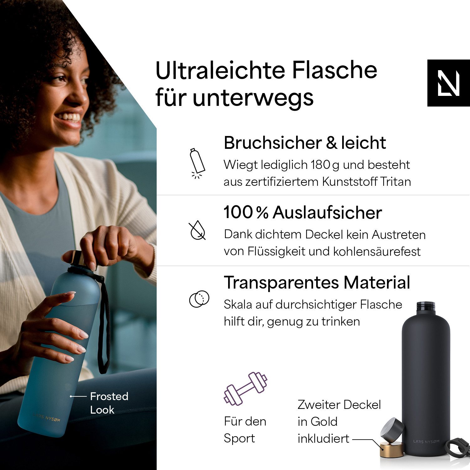 LARS NYSØM Trinkflasche Blæst, Trinkflasche mit Hydrationsskala und Trageschlaufe