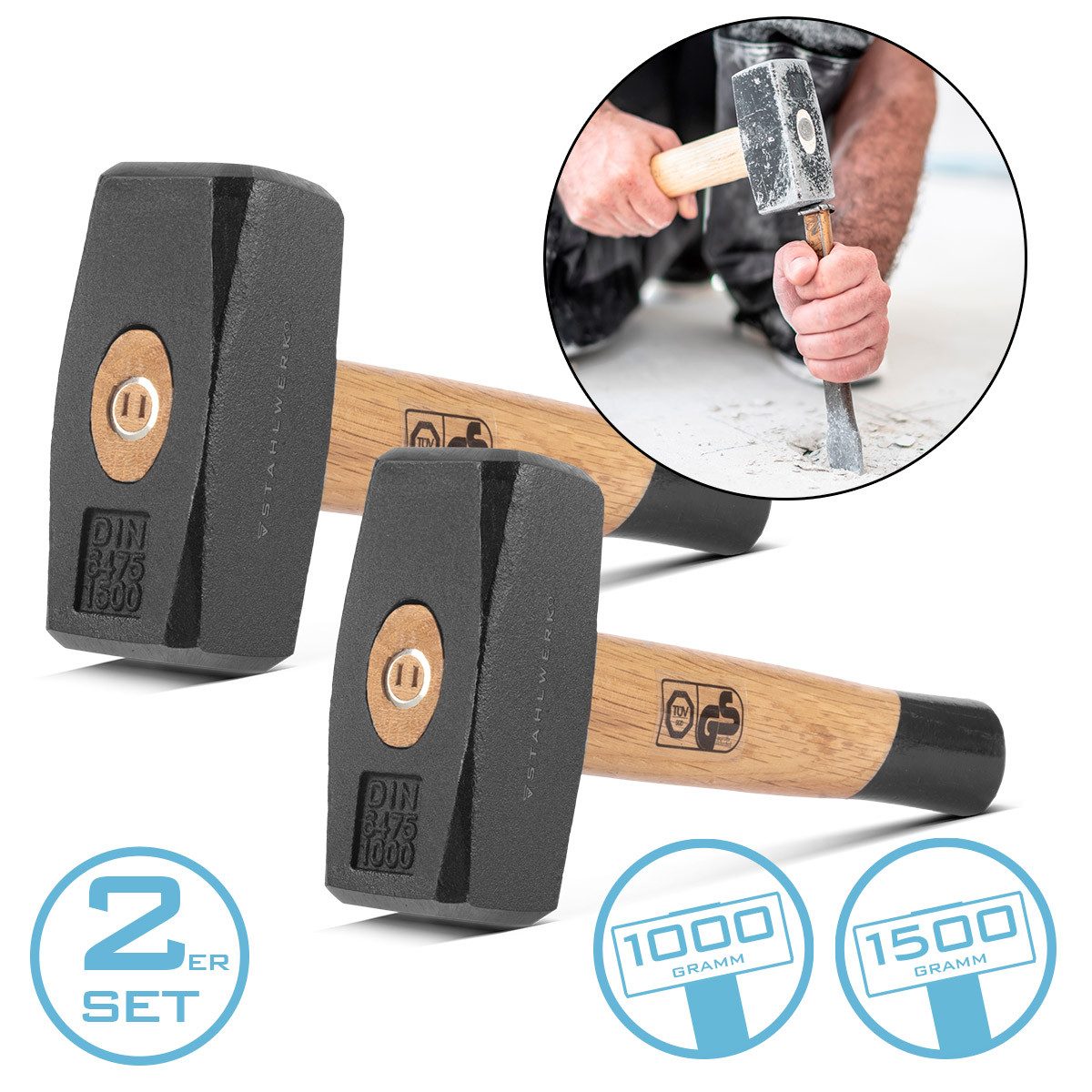 STAHLWERK Vorschlaghammer Fäustel 2er Set mit 1000 g und 1500 g Hammerkopf Plattenhammer aus (Set, 2-St., Set), doppelt geschweifter Holzstiel
