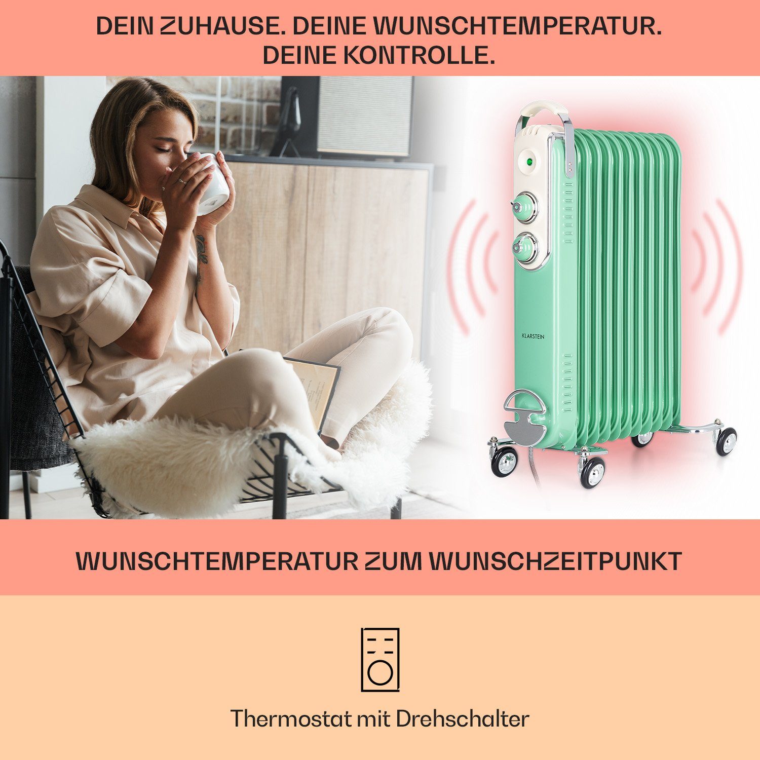 W, Heizstrahler elektrisch Thermostat Thermaxx Heizkörper Klarstein Radiator Ölradiator Retroheat, energiesparend 2500