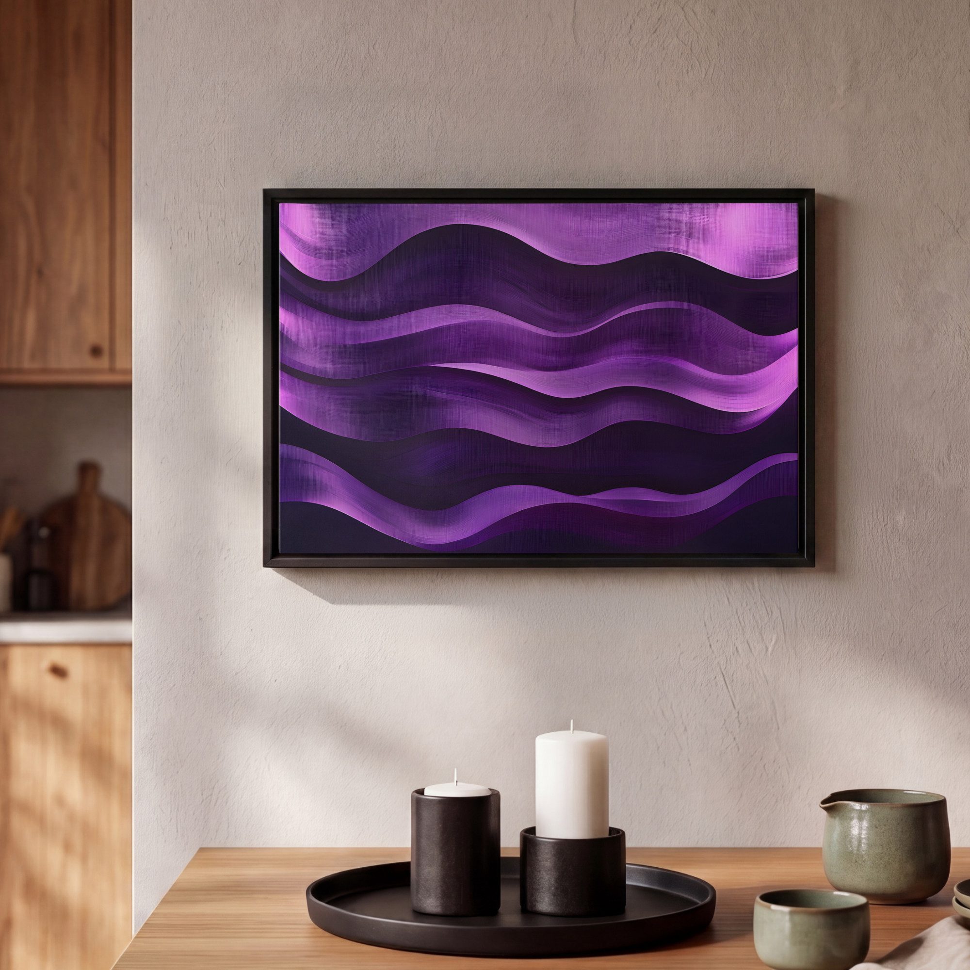 OneMillionCanvasses® Leinwandbild mit Rahmen - Wellen - Abstrakt - Lila, Fotodruck (1 St), Bilder, Zimmer Wand Bild Dekoration 30x20cm