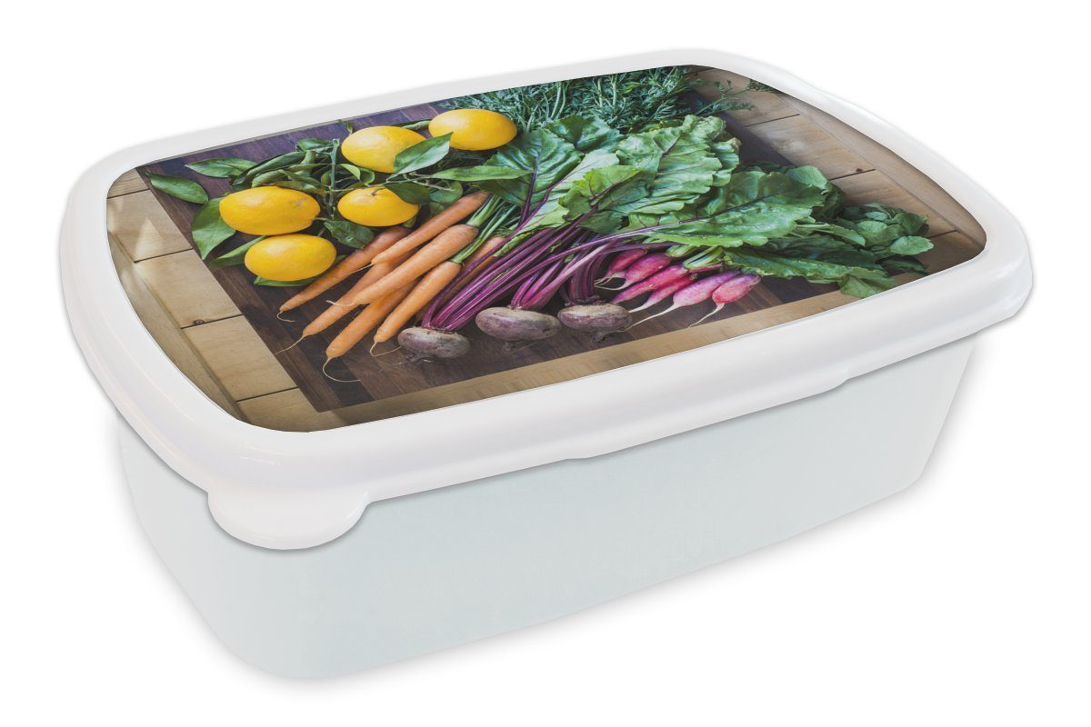 MuchoWow Lunchbox Gemüse - Obst - Holzkiste, Kunststoff, (2-tlg), Brotbox für Kinder und Erwachsene, Brotdose, für Jungs und Mädchen weiß