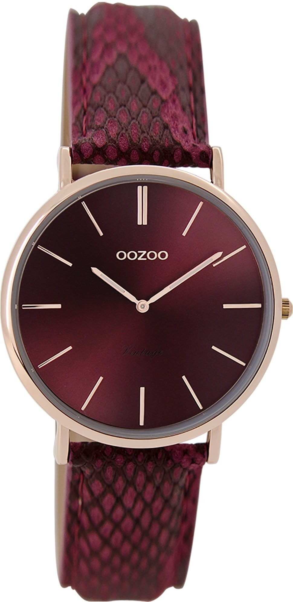 OOZOO Quarzuhr Oozoo Damen Armbanduhr Vintage, Damenuhr rund, mittel (ca. 32mm), Lederarmband rot, Fashion