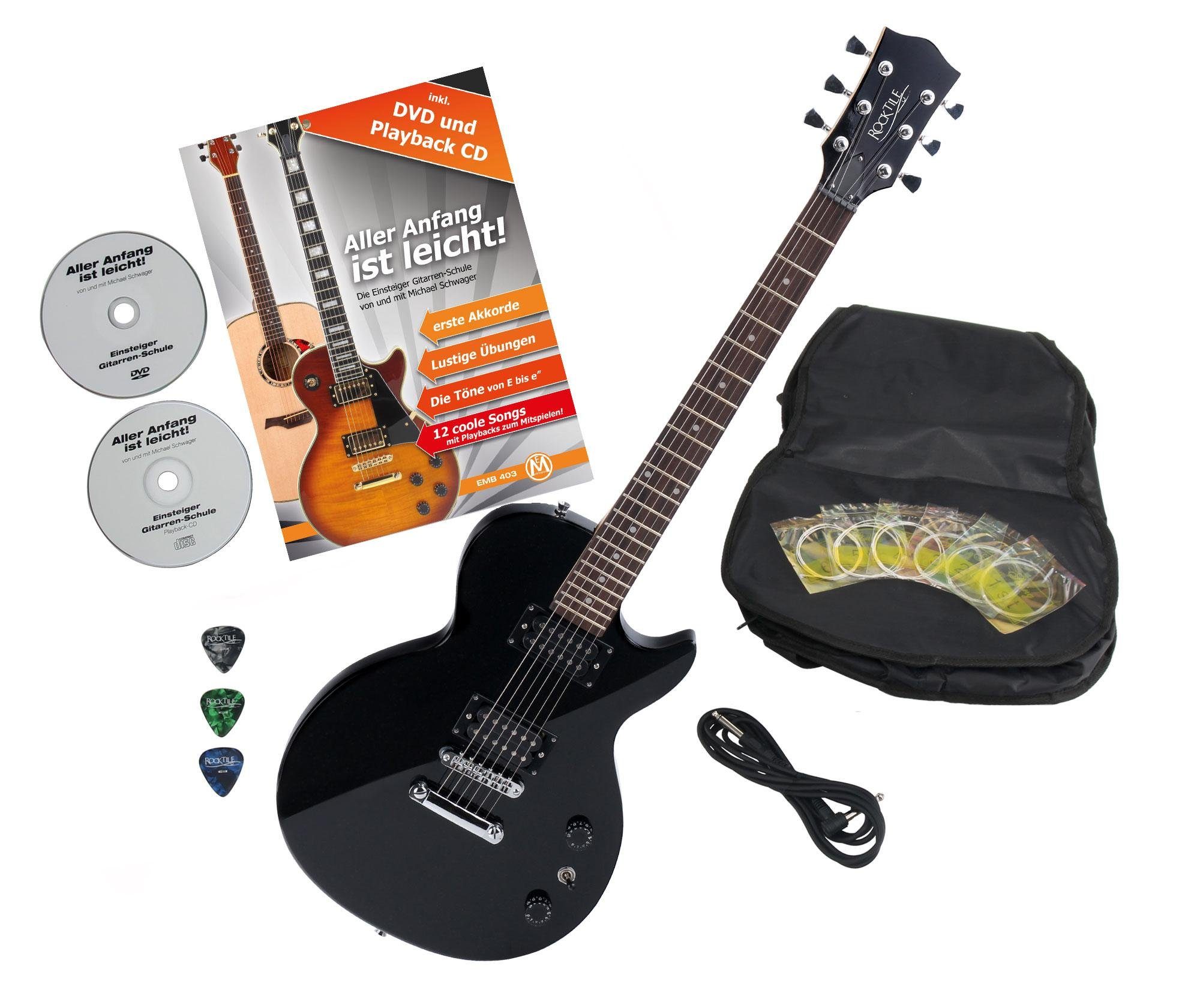 Rocktile E-Gitarre L-100 elektrische Gitarre, Single Cut, Spar-Set, inkl. Tasche, Kabel, Plektren, Schule & Ersatzsaiten