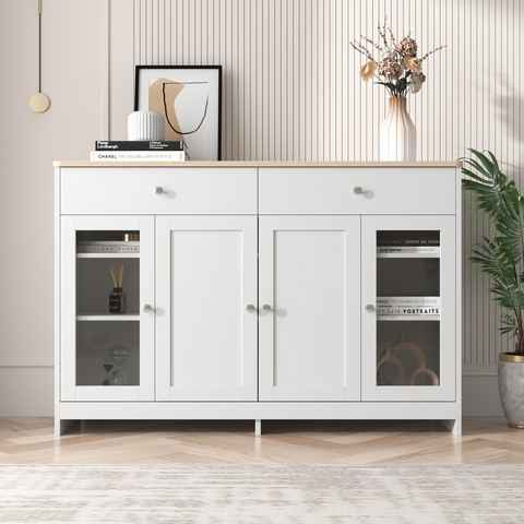 Merax Sideboard mit gehärteten Glastüren und Schubladen, Küchenschrank, Kommode im Landhausstil, Aufbewahrungsschrank, Breite 120cm