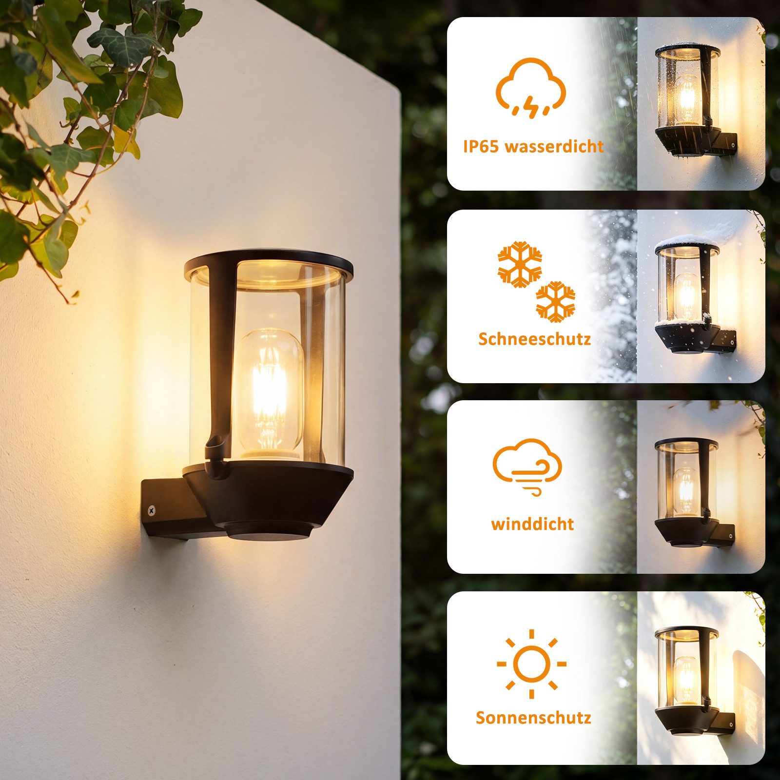 ZMH Außen-Wandleuchte Schwarz,E27 Wandlampe aus Aluminium und Glas, max. 40 W, für Hauswand, E27, ohne Leuchtmittel, Hochtransparenter Glasschirm für klare Lichtwirkung