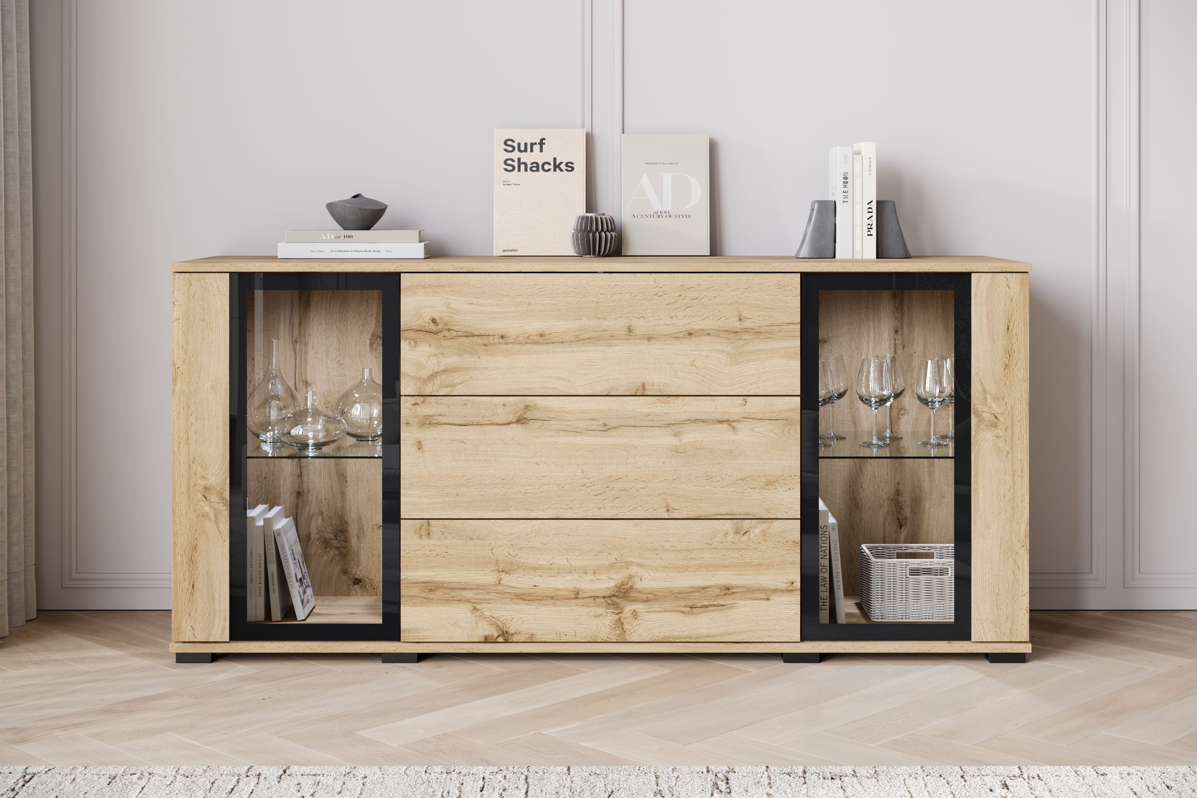 Home affaire Sideboard modernes Design mit Glaseinsätzen und 3 Schubladen, Breite 150 cm (1 St), Grifflose Fronten mit Push-to-Open, höhenverstellbare Einlegeböden