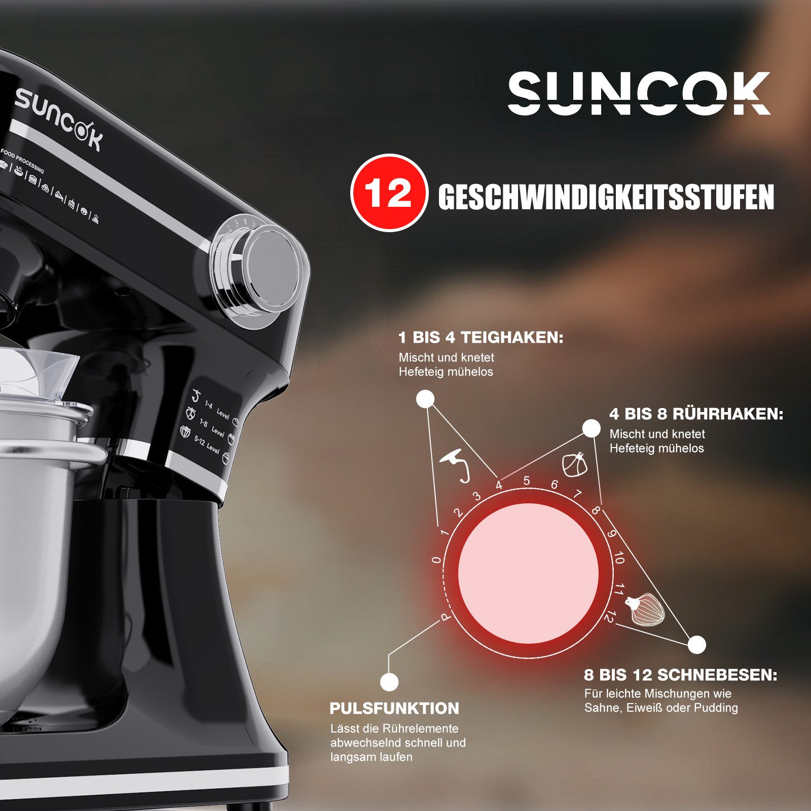 SUNCOK Küchenmaschine Multifunktionale Knetmaschine, 12-Geschwindigkeit, 59 Dezibel. geeignet zum Backen und Kneten von Teig, 1500 W, Elektrische Küchenmaschine,mit 2 Edelstahl-Rührschüsseln 4,5 und 5,5l