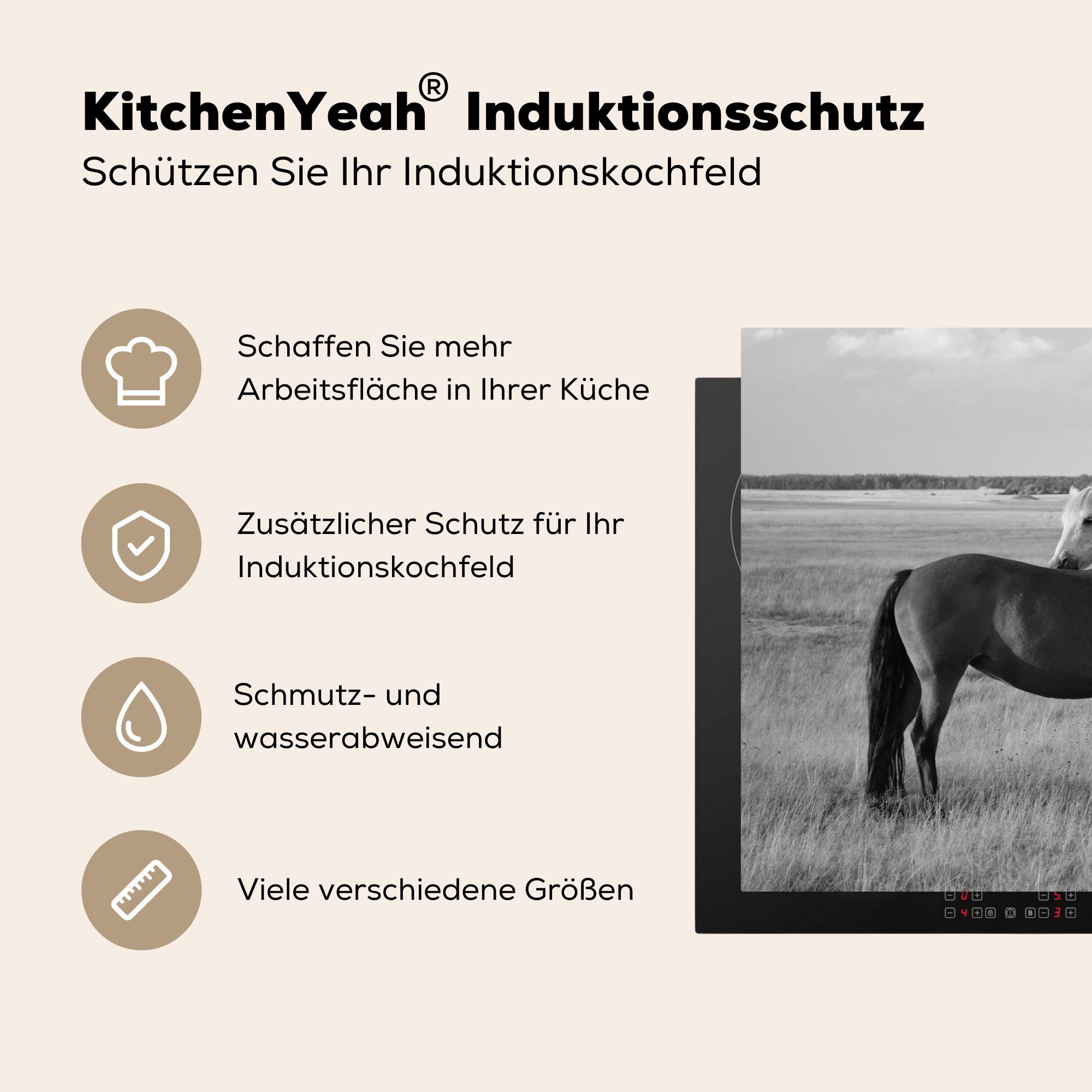 MuchoWow Herdblende-/Abdeckplatte Pferde Arbeitsplatte Tiere - küche Schwarz-Weiß Landleben, Porträt - - 81x52 Ceranfeldabdeckung, (1 - tlg), Vinyl, cm, für