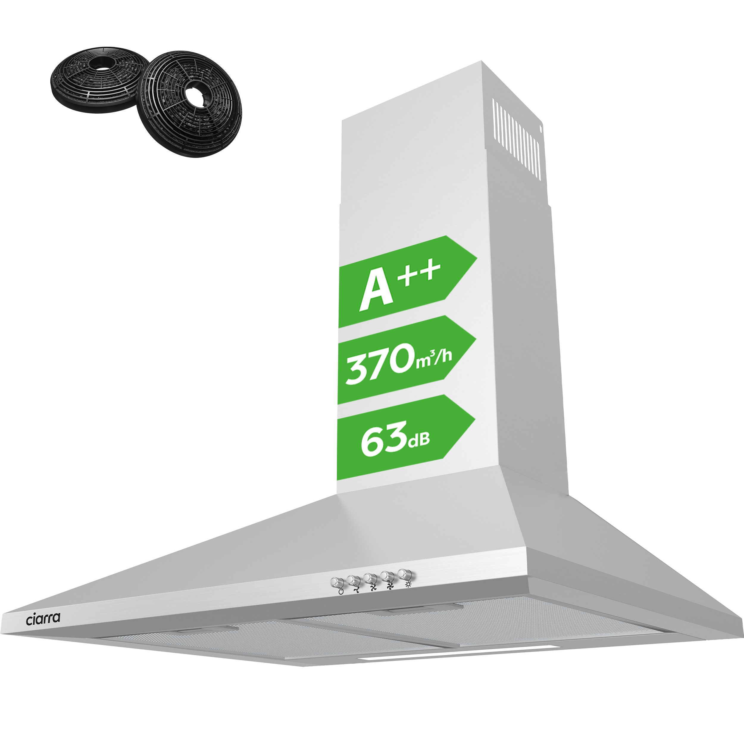 CIARRA Wandhaube A++ 370 m³/h Dunstabzugshaube 60 cm & 90 cm Umluft & Abluft 3 Stufen Serie CBCB6201 CBCS6201-FBM CBCS9201 CBCB9201 A++ 370 m³/h Dunstabzugshaube 60 cm & 90 cm Umluft & Abluft 3 Stufen, leise Pyramidenhaube mit Kohlefilter, Aluminumfilter, LED-Beleuchtung