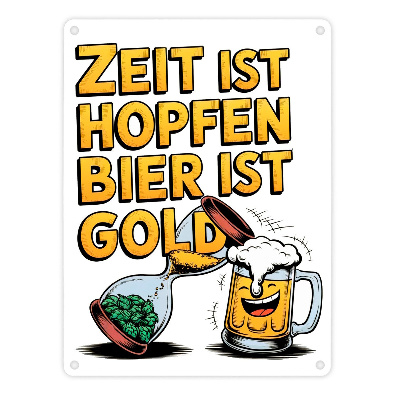 Metallschild Zeit ist Hopfen Bier Gold Metallschild in 15x20 cm Bierkrug & Sanduhr