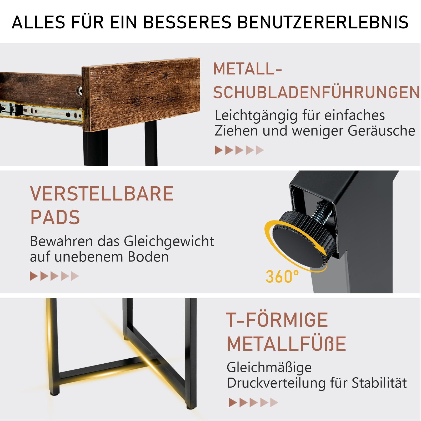 COSTWAY Schreibtisch, mit Schublade, Braun 120x55x75cm Holz, Metallgestell