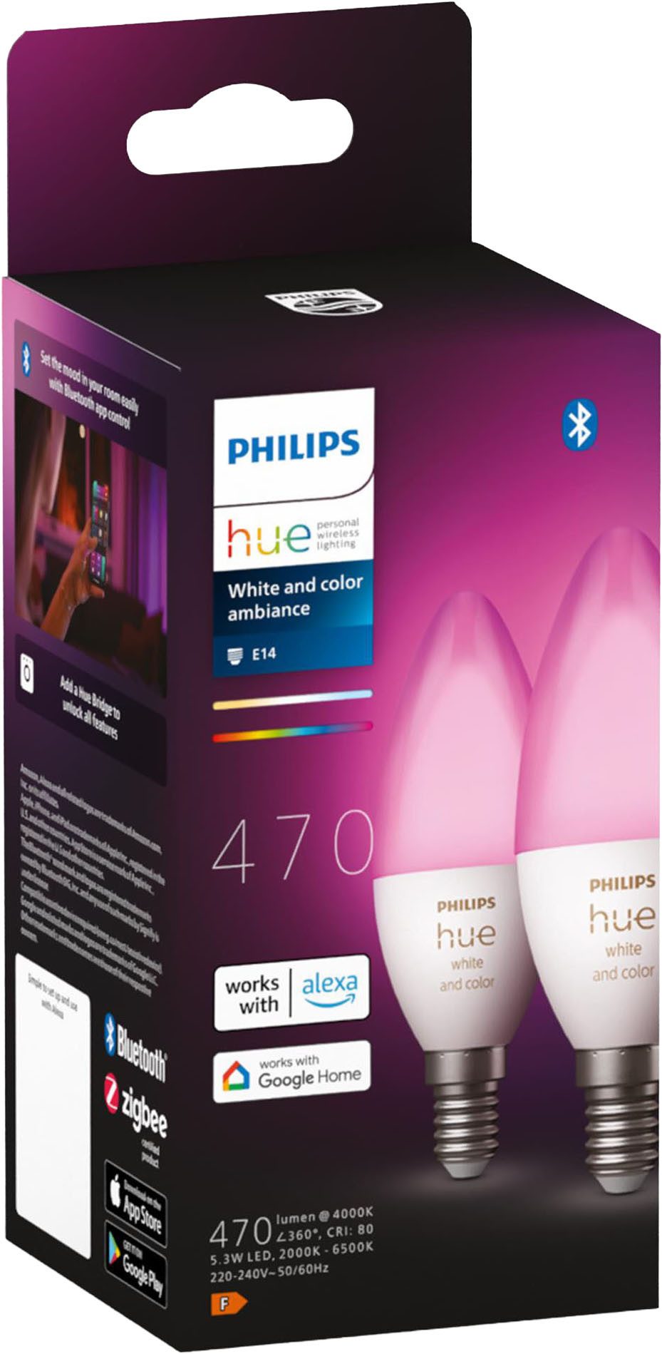 Philips Hue LED-Leuchtmittel White / White & Color Ambiance, Kerzenform 470lm, E14, 2 St., Farbwechsler
