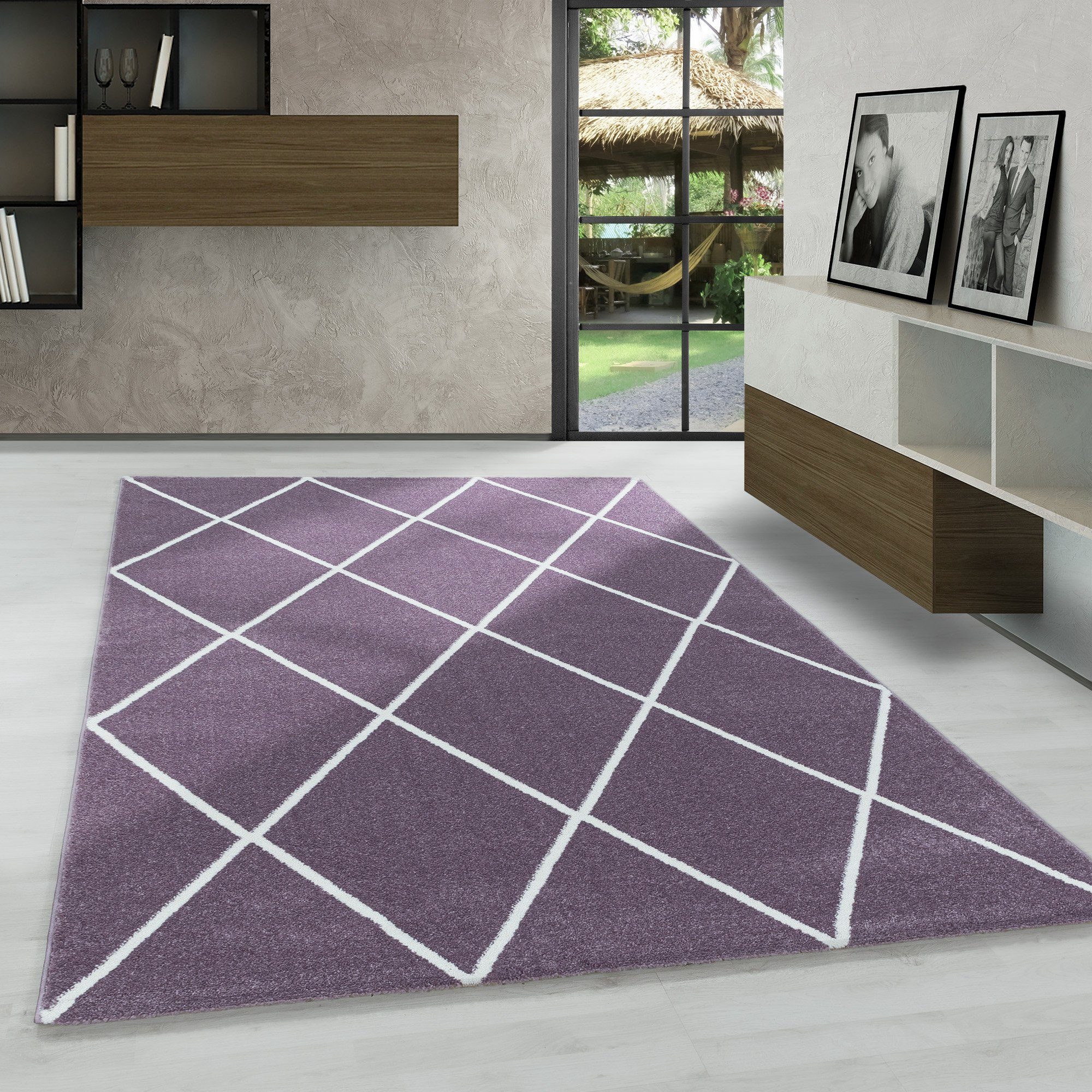 Frisé-Teppich Geometrisch Design, Carpetsale24, Läufer, Höhe: 11 mm, Kurzflor Teppich Wohnzimmer Geometrisch Design Weicher flor