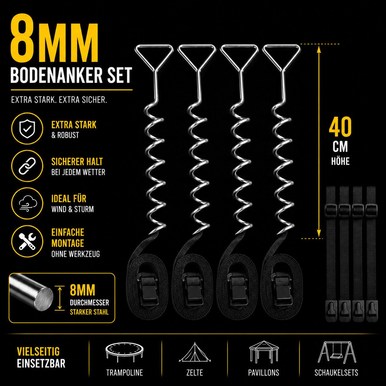 Best for Home Bodenanker Trampolin-Bodenanker-Set, 4-teilig – Anker mit XXL-Gurten für Zelte