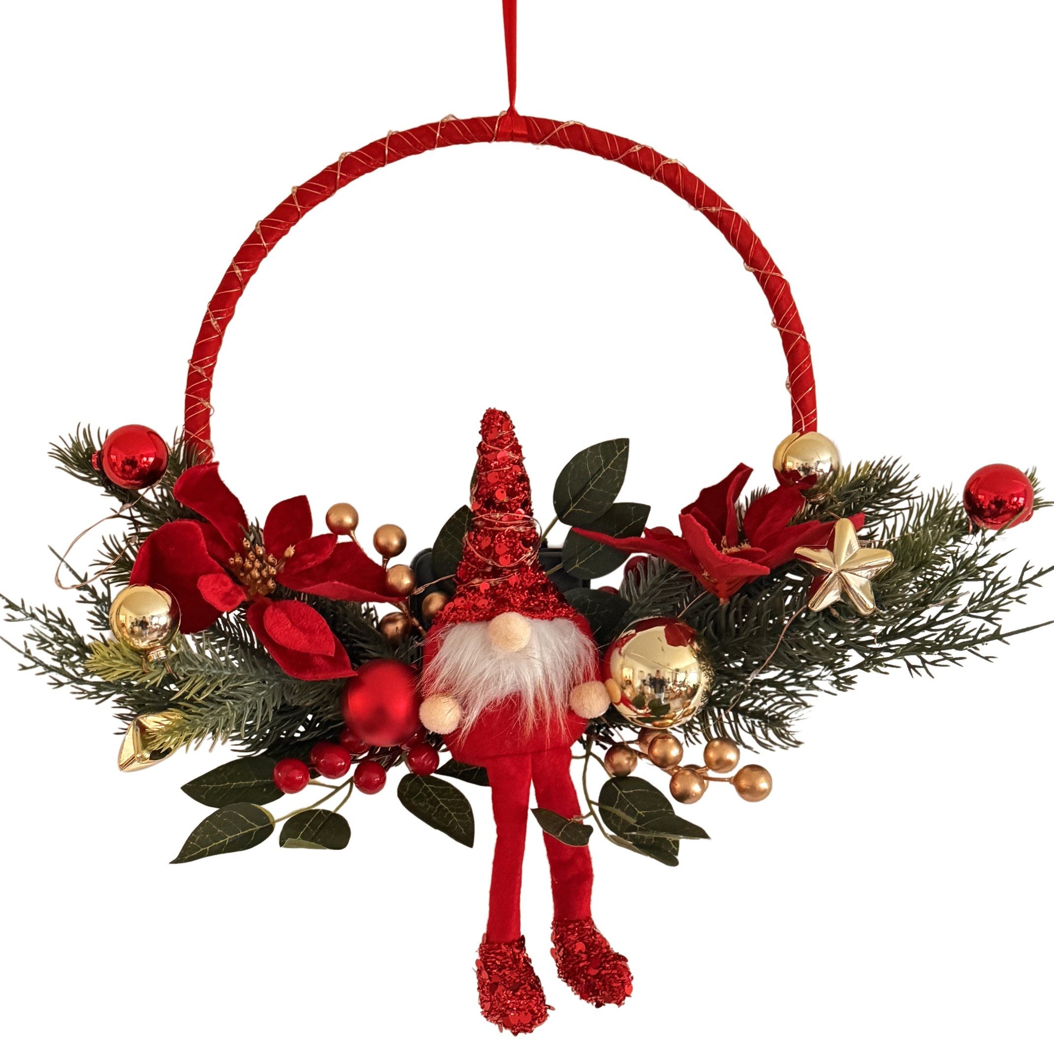 Online-Fuchs Dekokranz - Türkranz, Weihnachtskranz mit LED Lichterkette und 6-Stunden Timer, mit süßem Wichtel, Weihnachtskugeln, Tannenzweigen und Weihnachtsstern