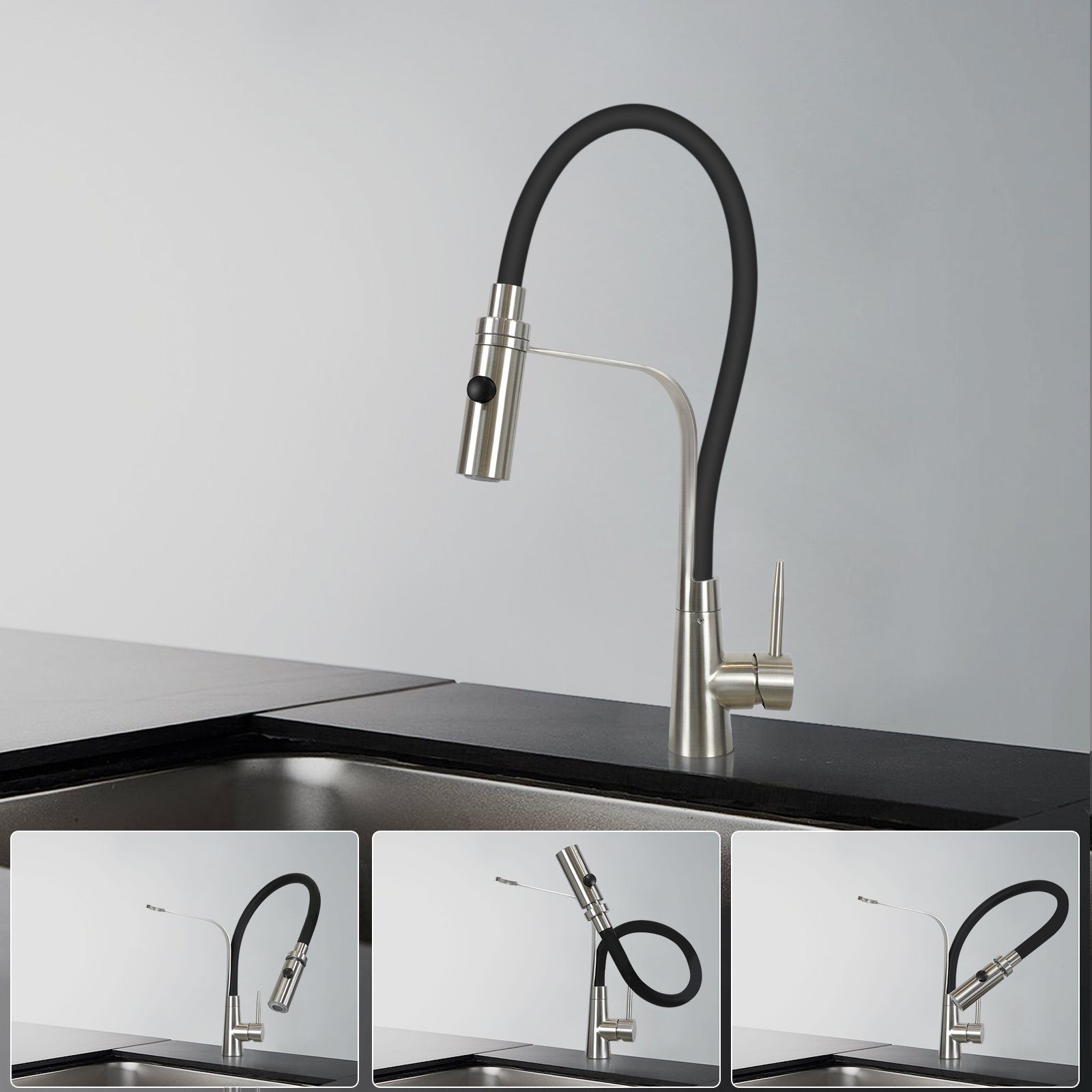 Nettlife Küchenarmatur Niederdruck Küche Ausziehbar (Mischbatterie) mit Brause Spültischarmatur Herausziehbare Wassersparenden, drehbar Schwarz Flexibler 360° Design, Brause