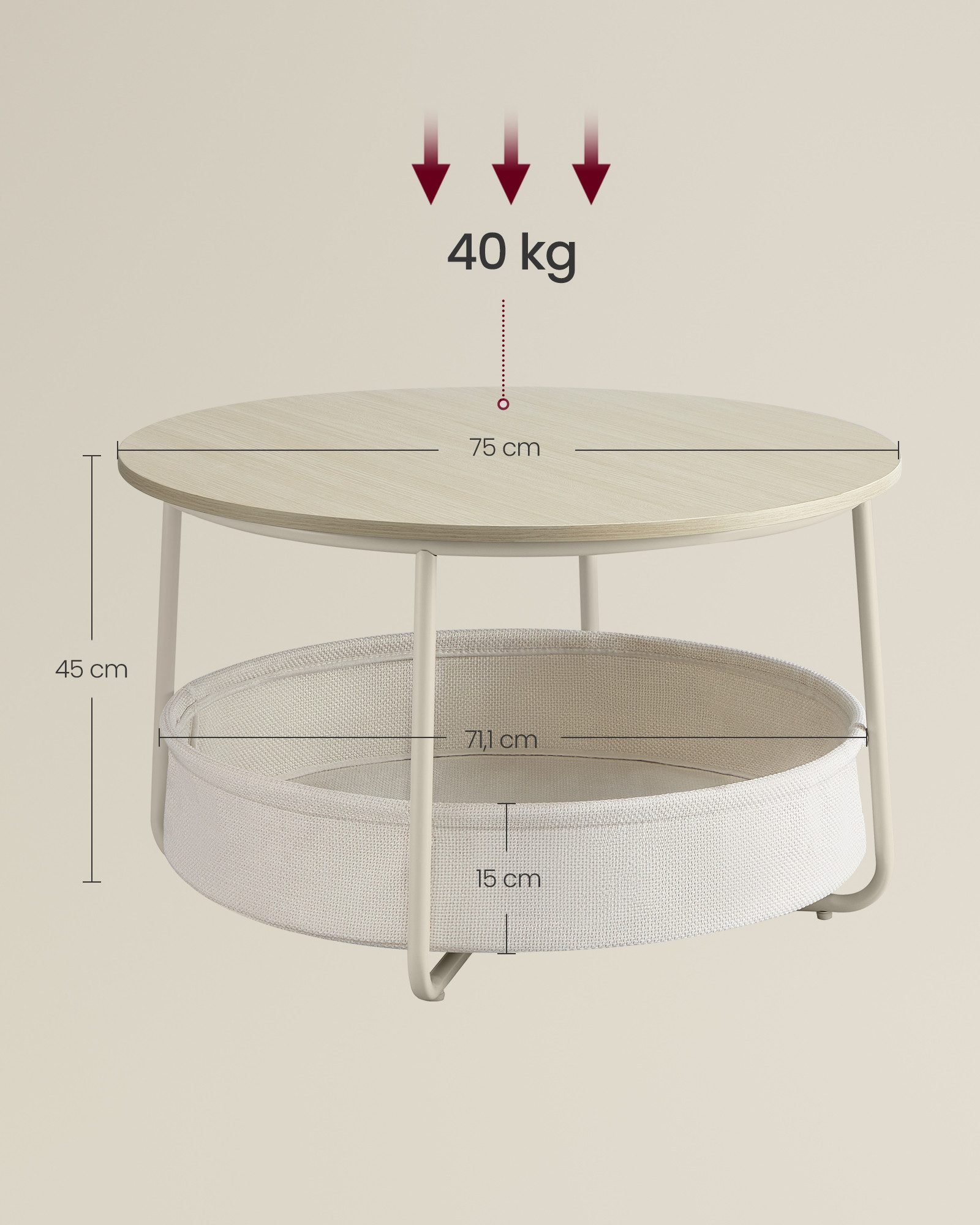 VASAGLE Couchtisch mit großem Stoffkorb, viel Stauraum, Sofatisch, Metallgestell (inkl. Zubehörpaket & Anleitung), Beistelltisch rund Wohnzimmertisch modern minimalistisch, ∅75 x 45 cm